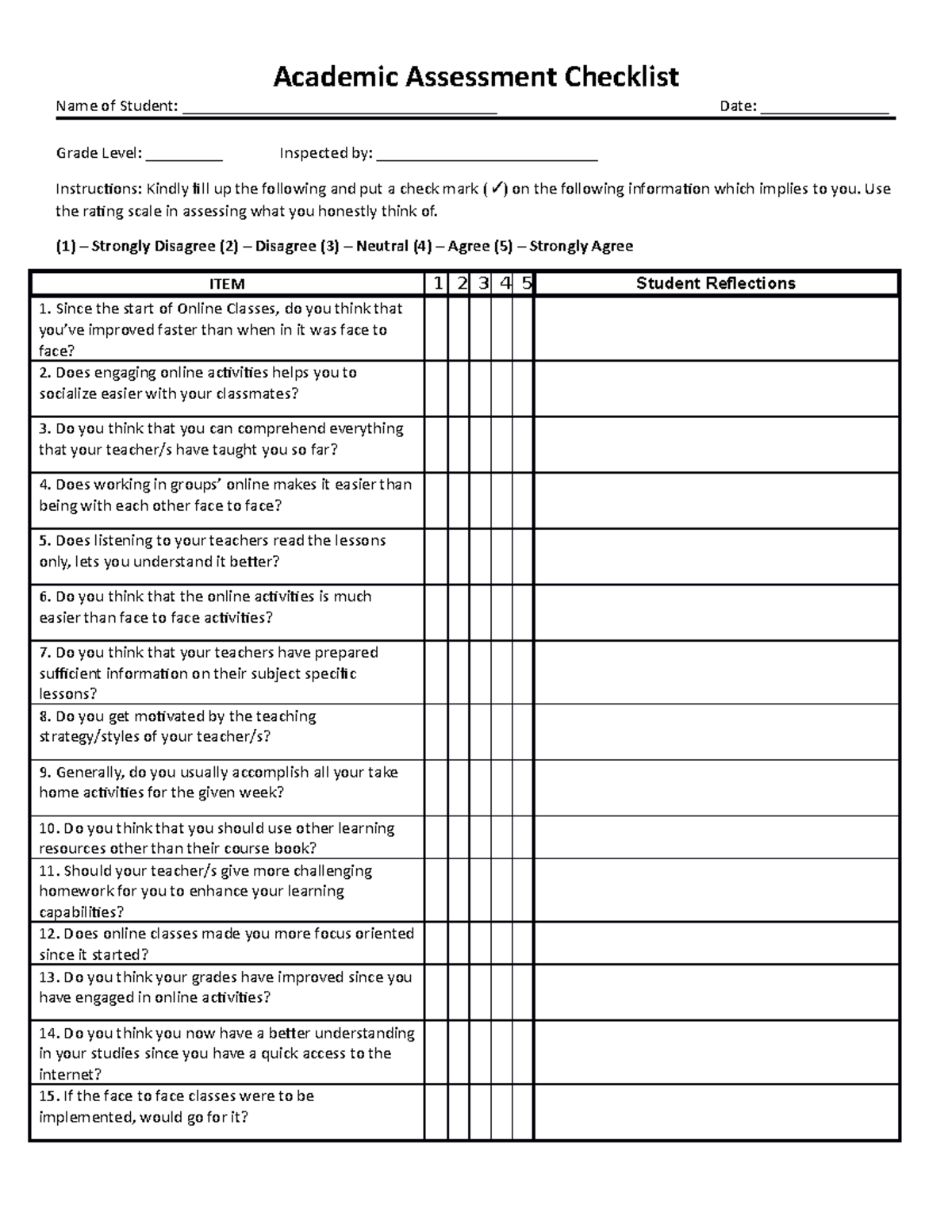 Checklist - Academic Assessment Checklist Name of Student