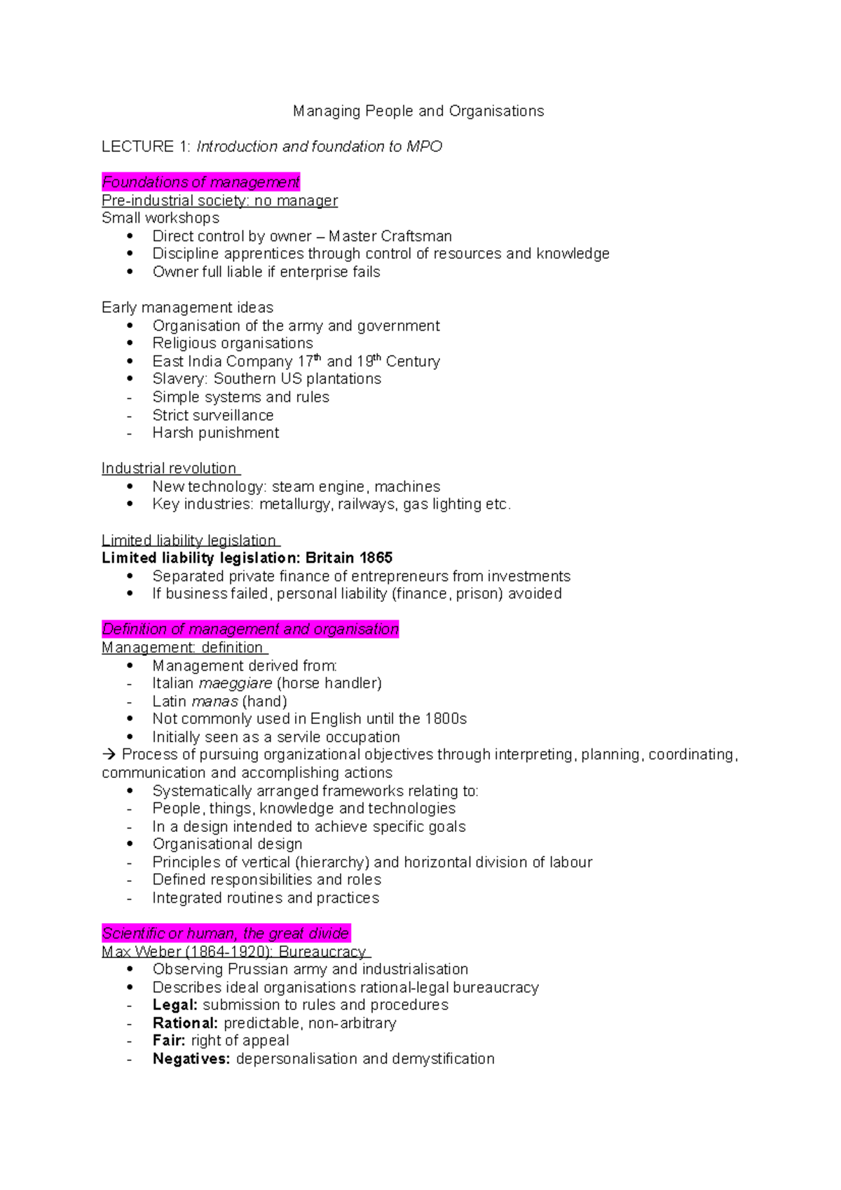 MPO Notes - Managing People and Organisations LECTURE 1: Introduction ...