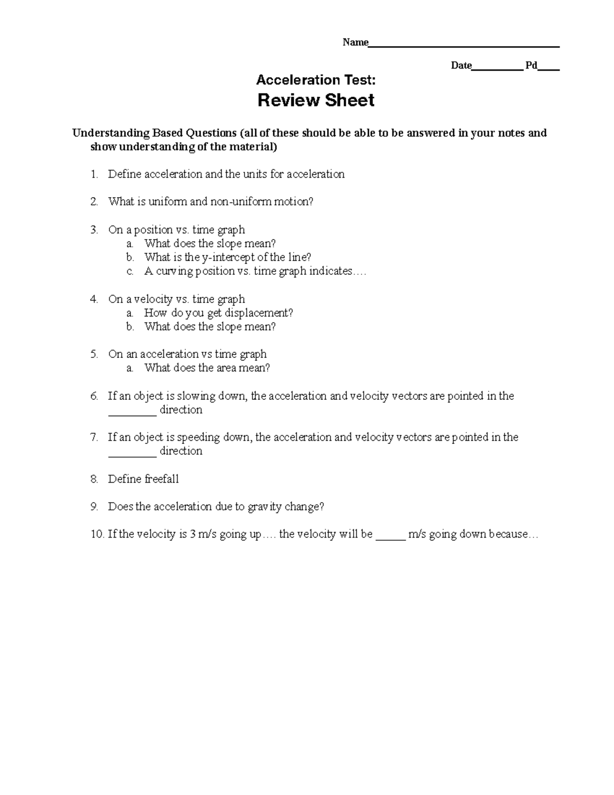 Practice Acceleration Review 2 Name Date Pd Acceleration Test Review