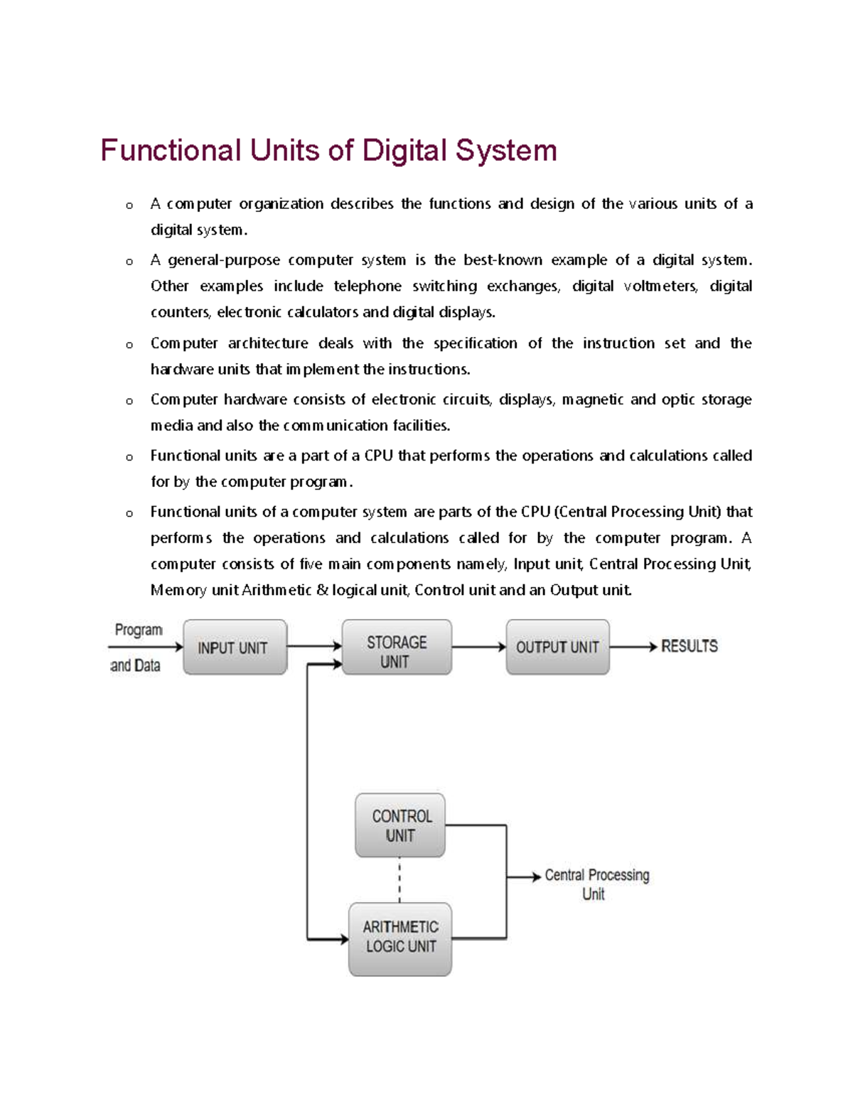 Coa1 - good - Functional Units of Digital System o A computer ...