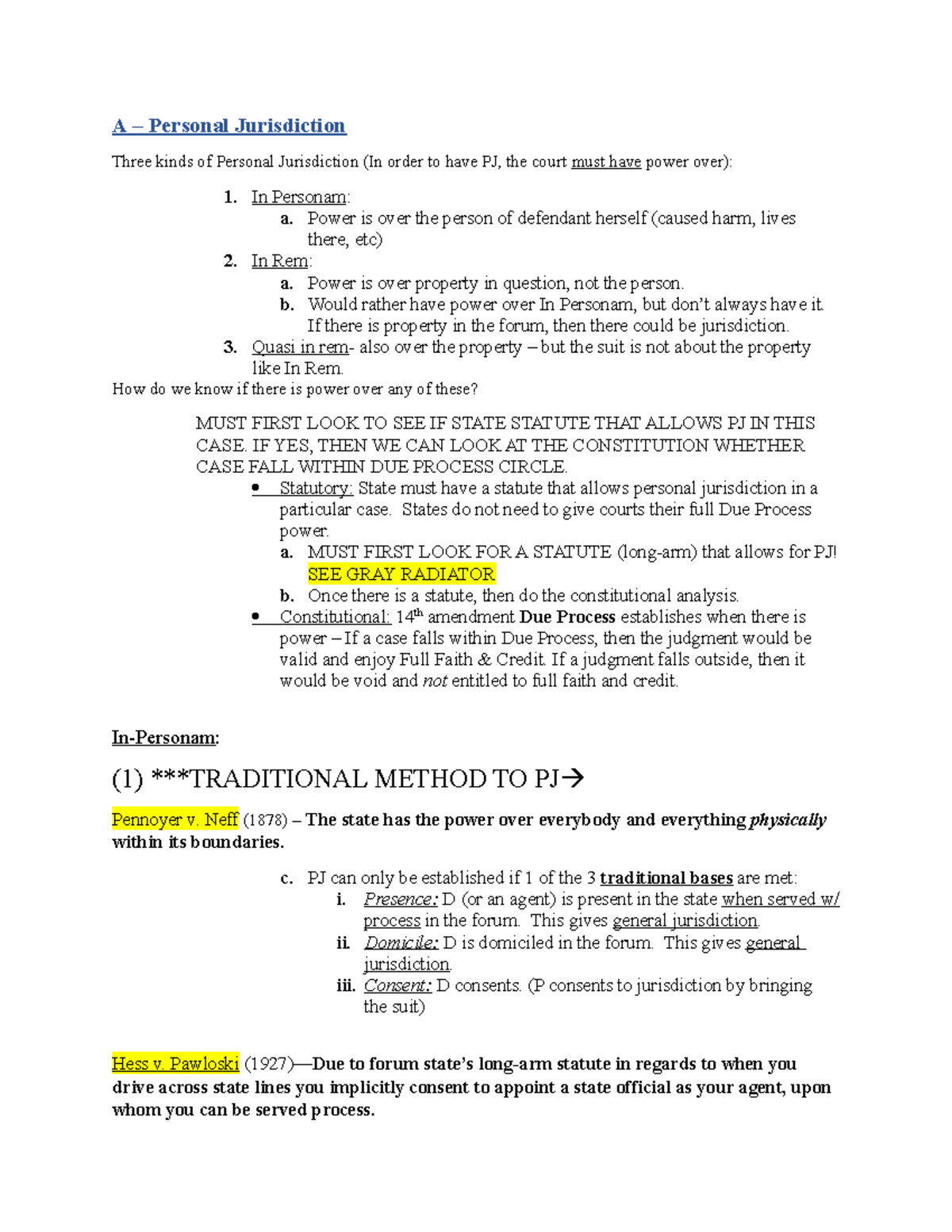 Civ Pro Outline Mine - A – Personal Jurisdiction Three Kinds Of ...