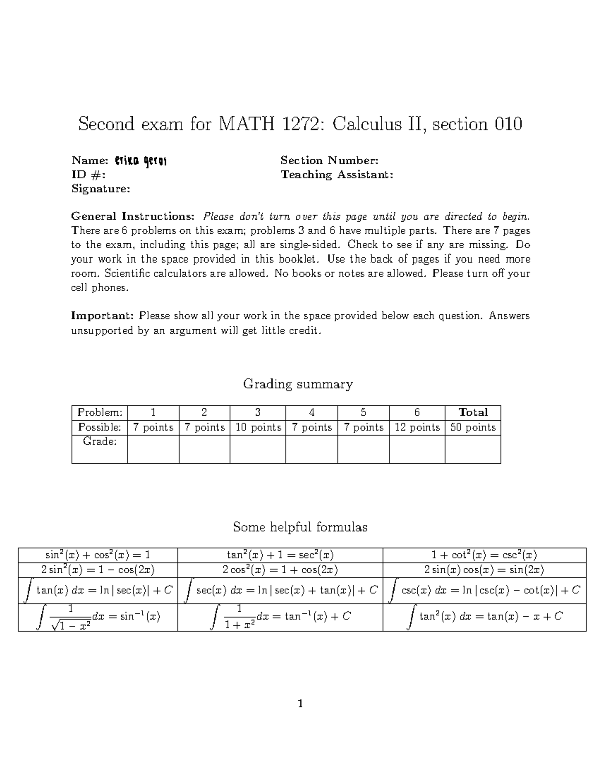 Practice Midterm - Second Exam For MATH 1272: Calculus II, Section 010 ...