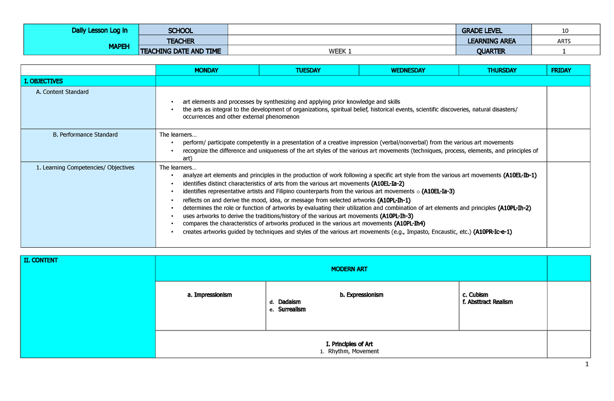 Q1 Grade 10 ARTS DLL Week 1 - Daily Lesson Log In MAPEH SCHOOL GRADE ...