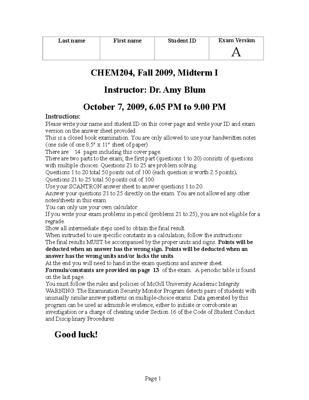 1st midterm f2009 with sol - Page 1 Last name First name Student ID ...