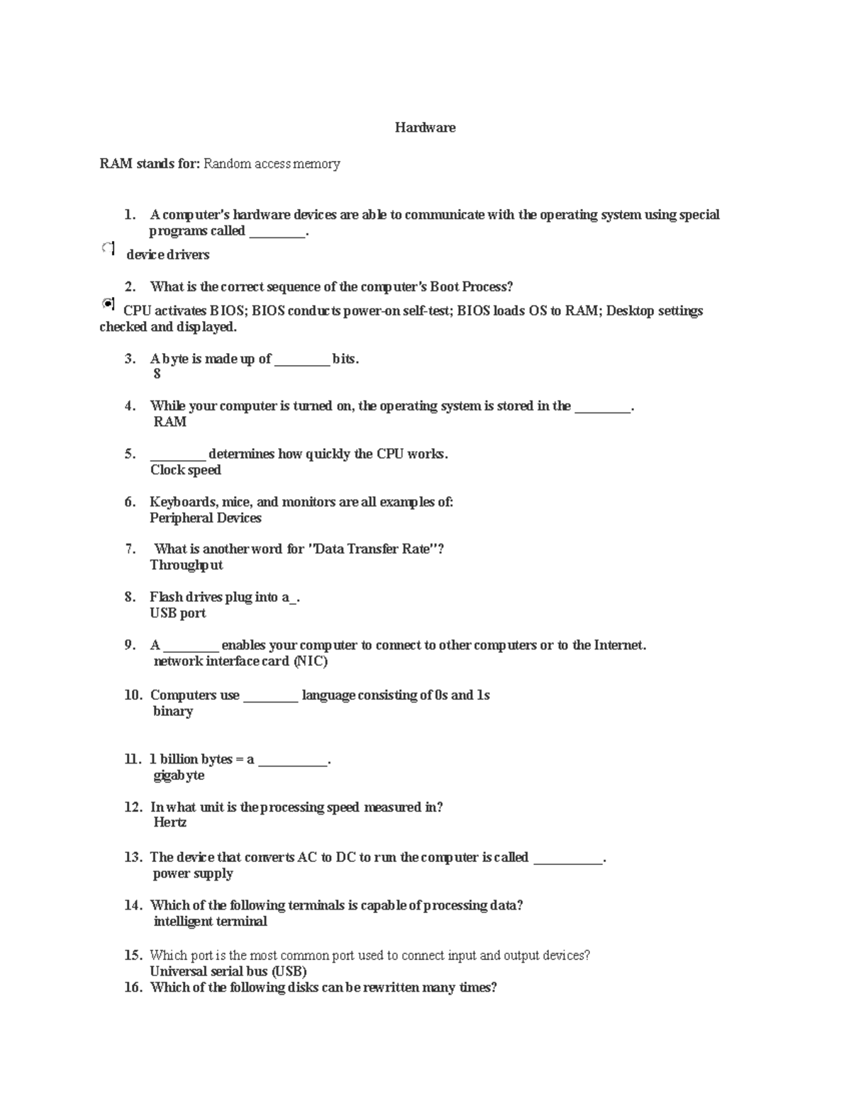 Btm eisel answers mcs Hardware RAM stands for Random access memory