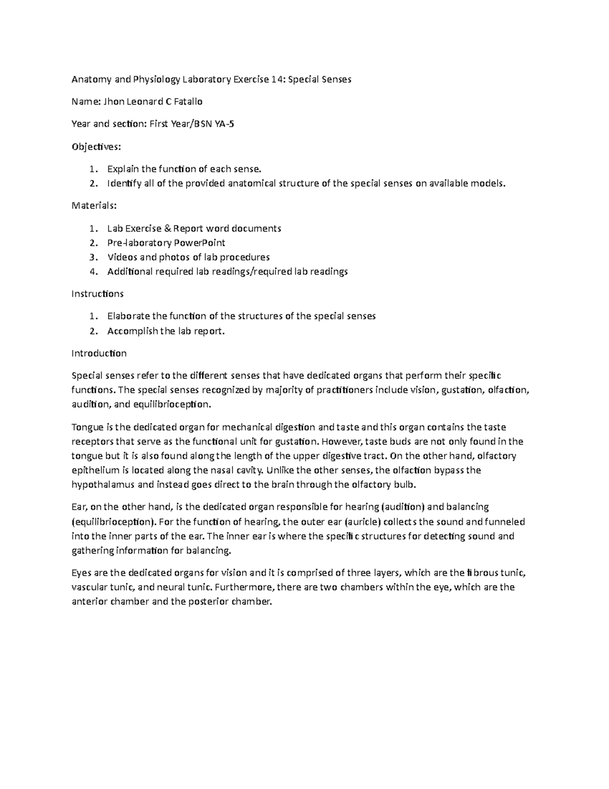 Anatomy and Physiology Laboratory Exercise 14 Special Senses