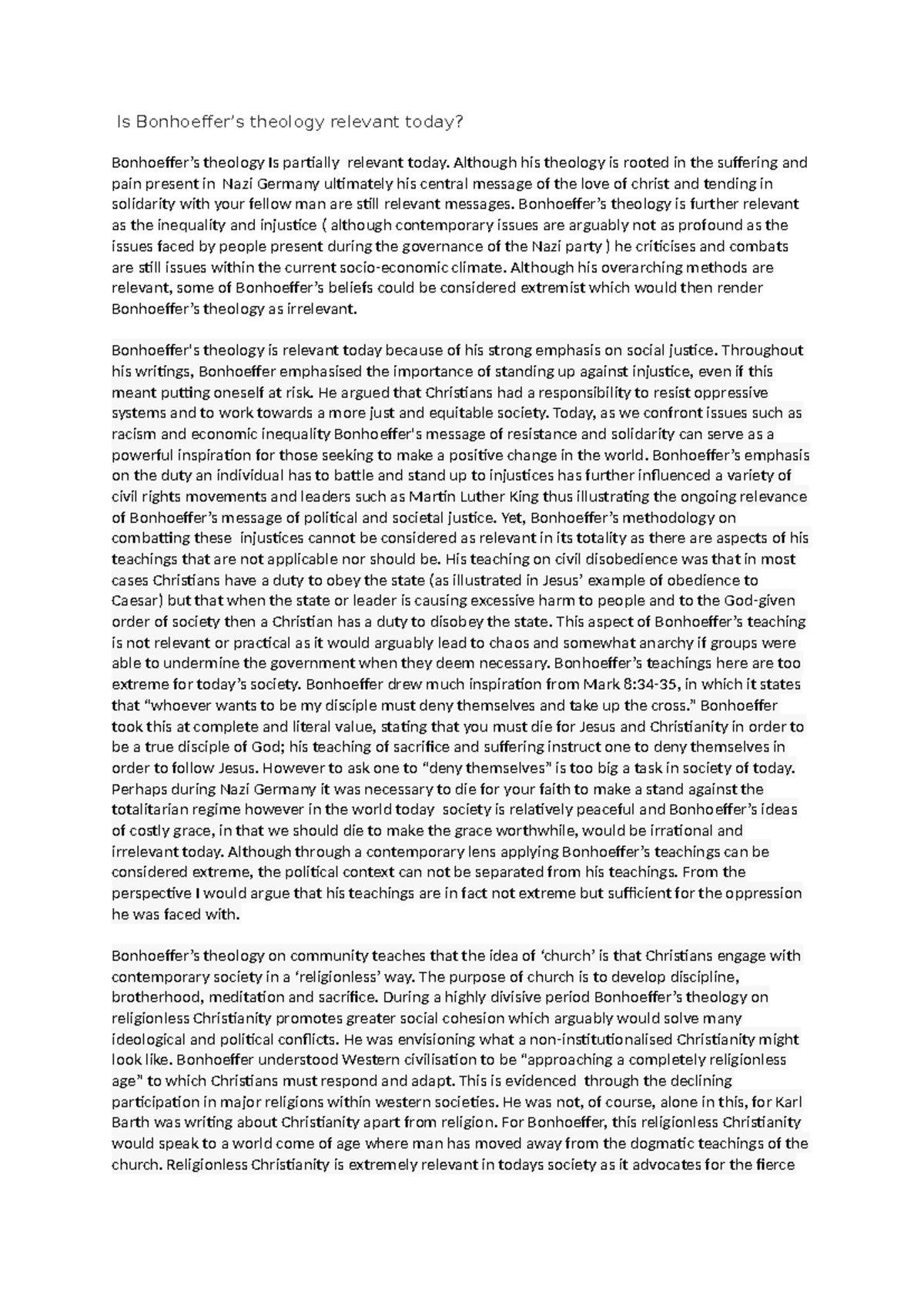Bonhoeffer essay - Is Bonhoeffer’s theology relevant today? Bonhoeffer ...