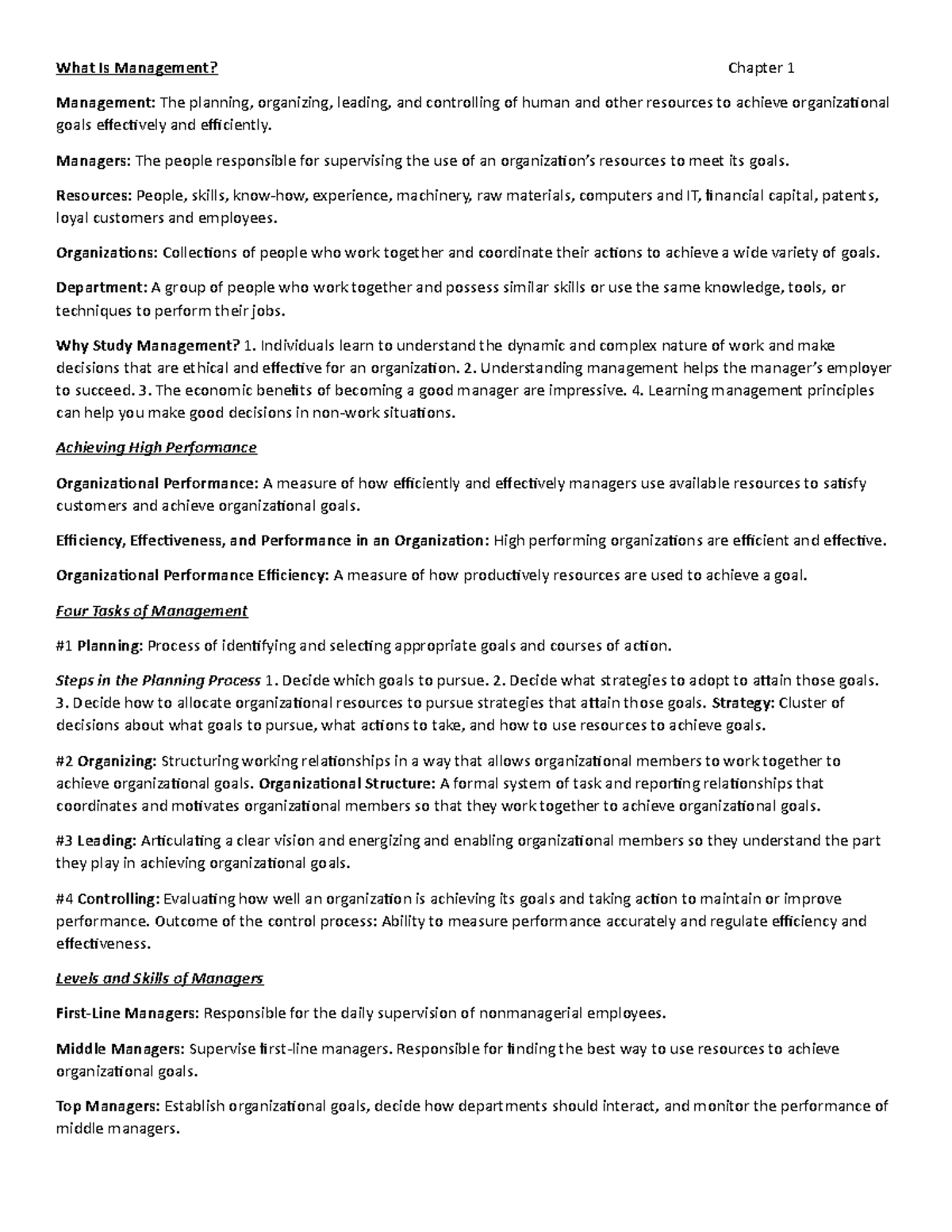 Study Guide Ch 1 Chapter 1 What Is Management Chapter 1 Management