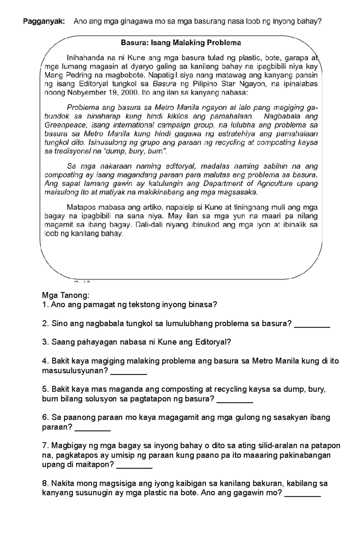 Quiz Filipino - Education - Mga Tanong: Ano Ang Pamagat Ng Tekstong ...