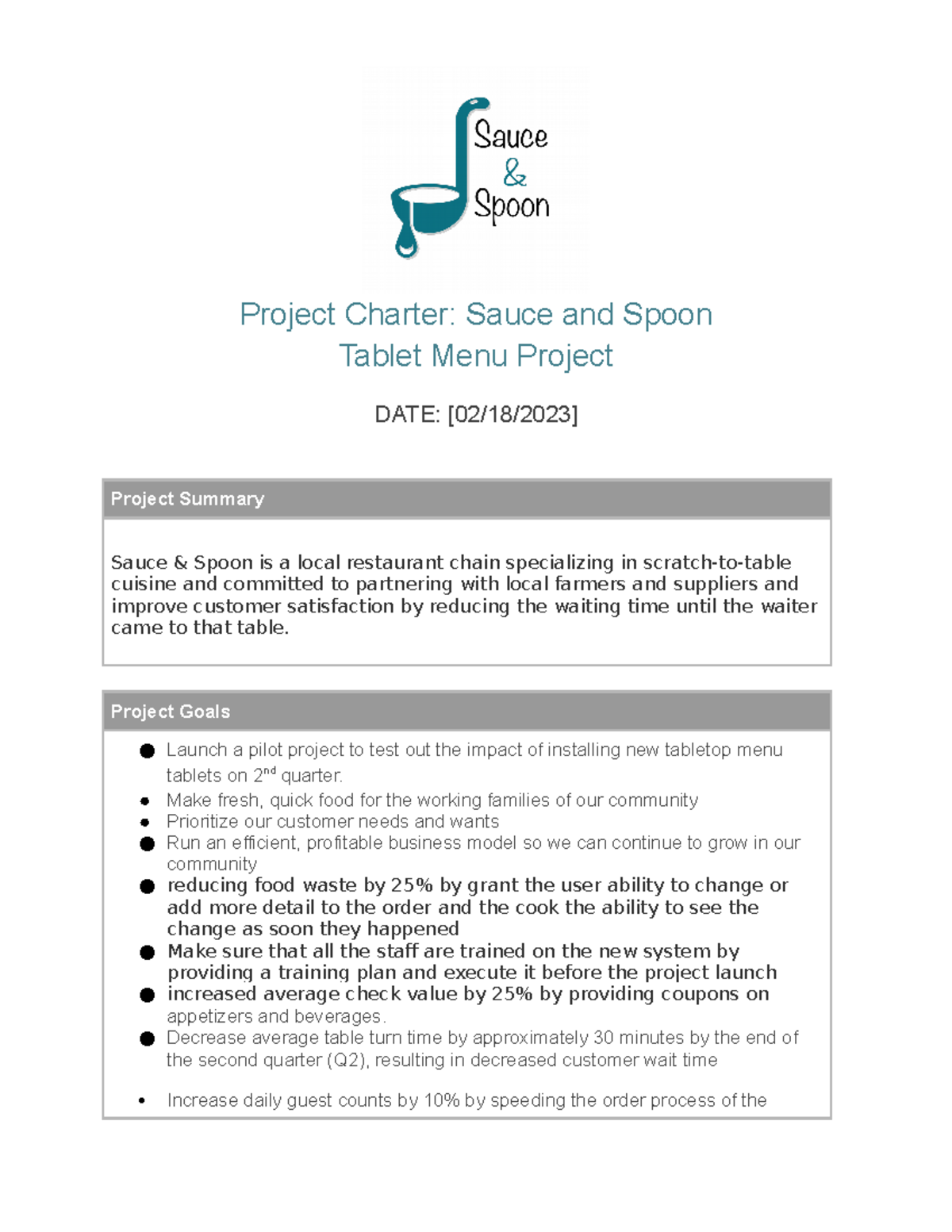 Project-Charter Tablet Menu project Rahul Aradhya - Project Charter 