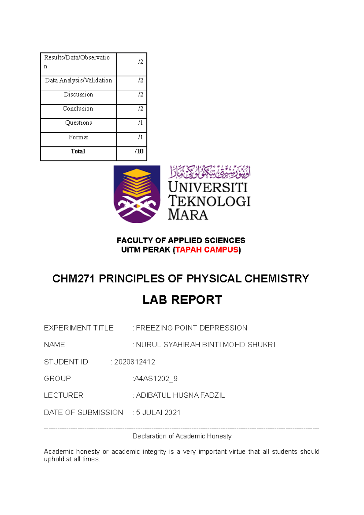 CHM271 Front Cover LAB Report CHM 271 - Results/Data/Observatio n ...