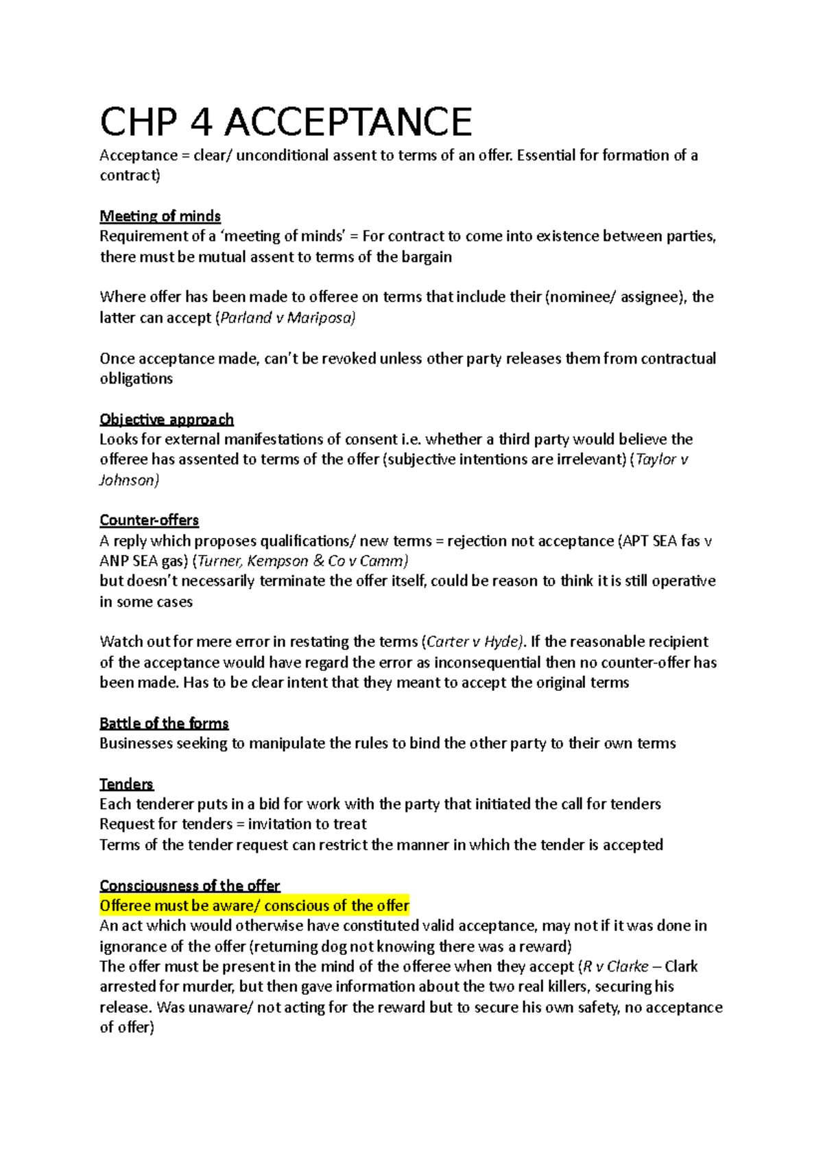 Wk 2 - textbook reading - acceptance and consideration - CHP 4 ...