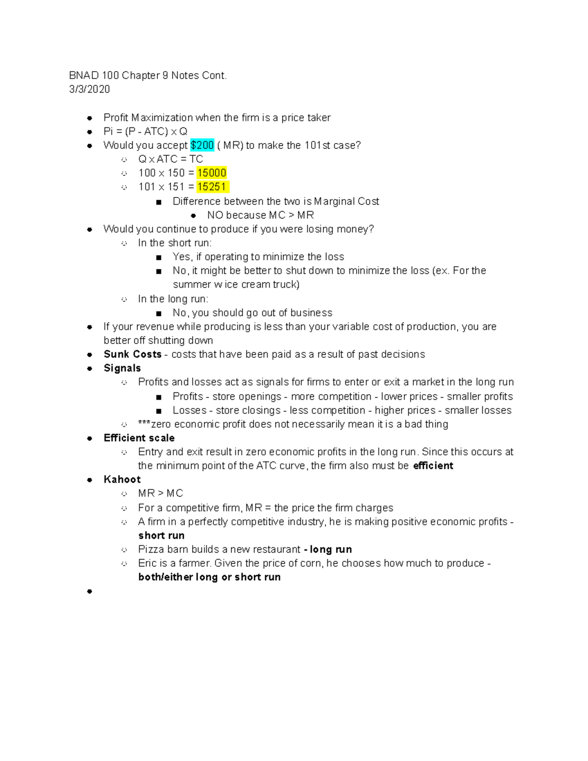 ECON200 Ch 9 Notes - BNAD 100 Chapter 9 Notes Cont. 3/3/ Profit ...