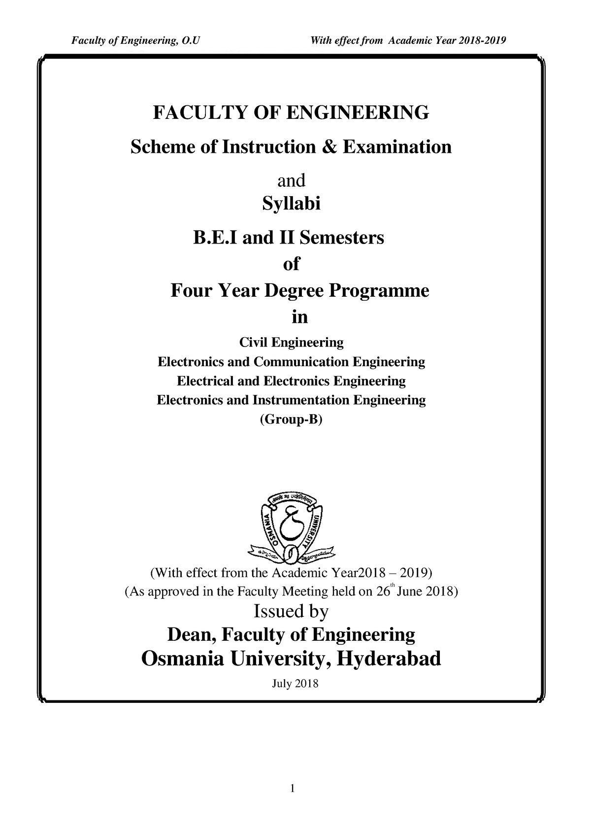 Syllabus For BE I & II SEM EEE - FACULTY OF ENGINEERING Scheme Of ...