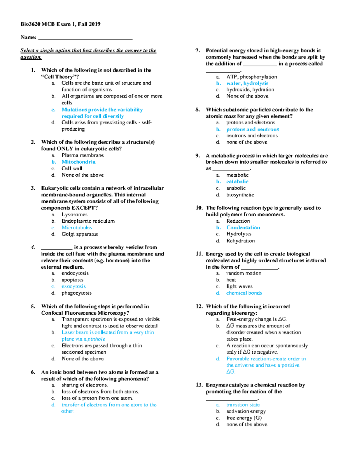 MCB Notes Exam 1 - Bio3620 MCB Exam 1, Fall 2019 Name ...