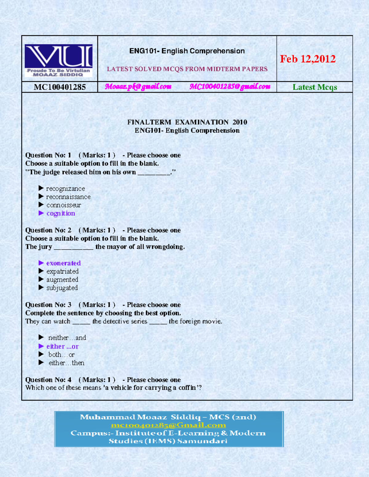 ENG101 Final Term Solved Mcqs By Moaaz - ENG101- English Comprehension ...