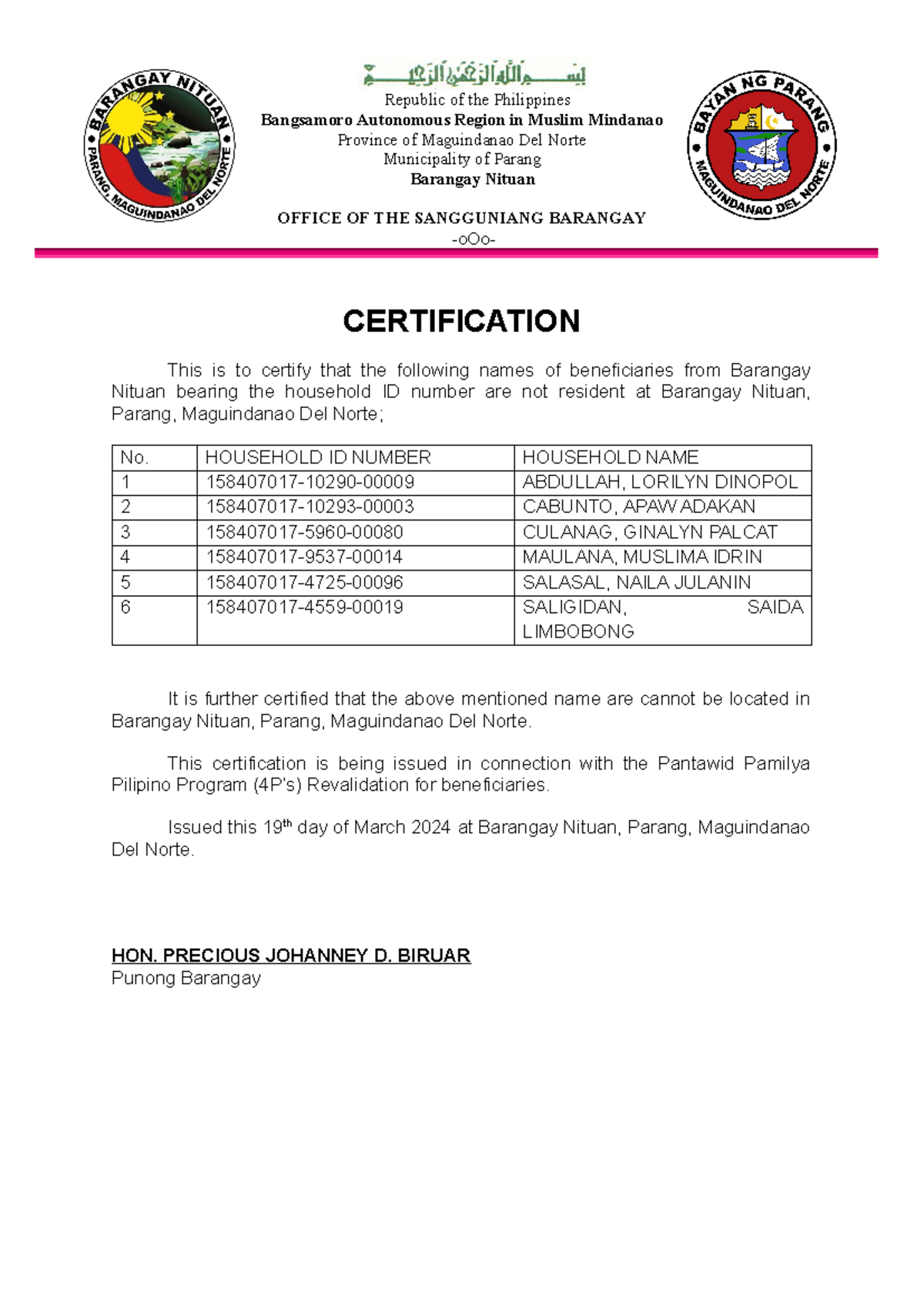 Dswd Certification 4 Ps Republic Of The Philippines Bangsamoro Autonomous Region In Muslim 4897