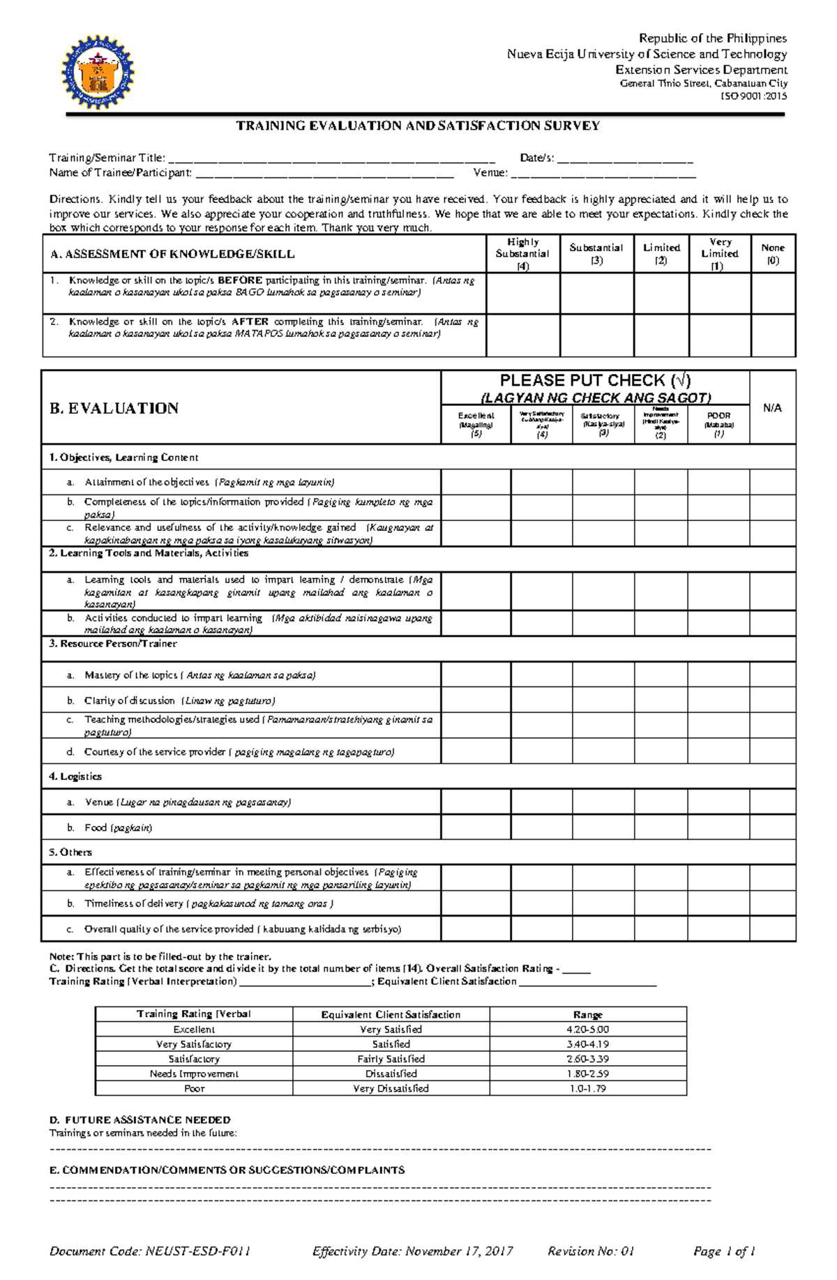 ESD F011 Training Evaluation Questionnaire Filipino - Republic of the ...