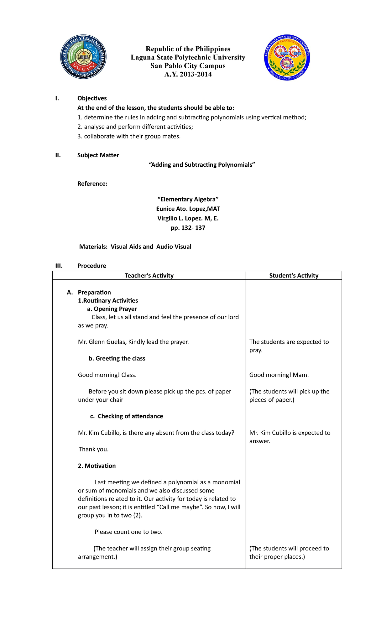 Adding and subtracting polynomilals - Republic of the Philippines ...