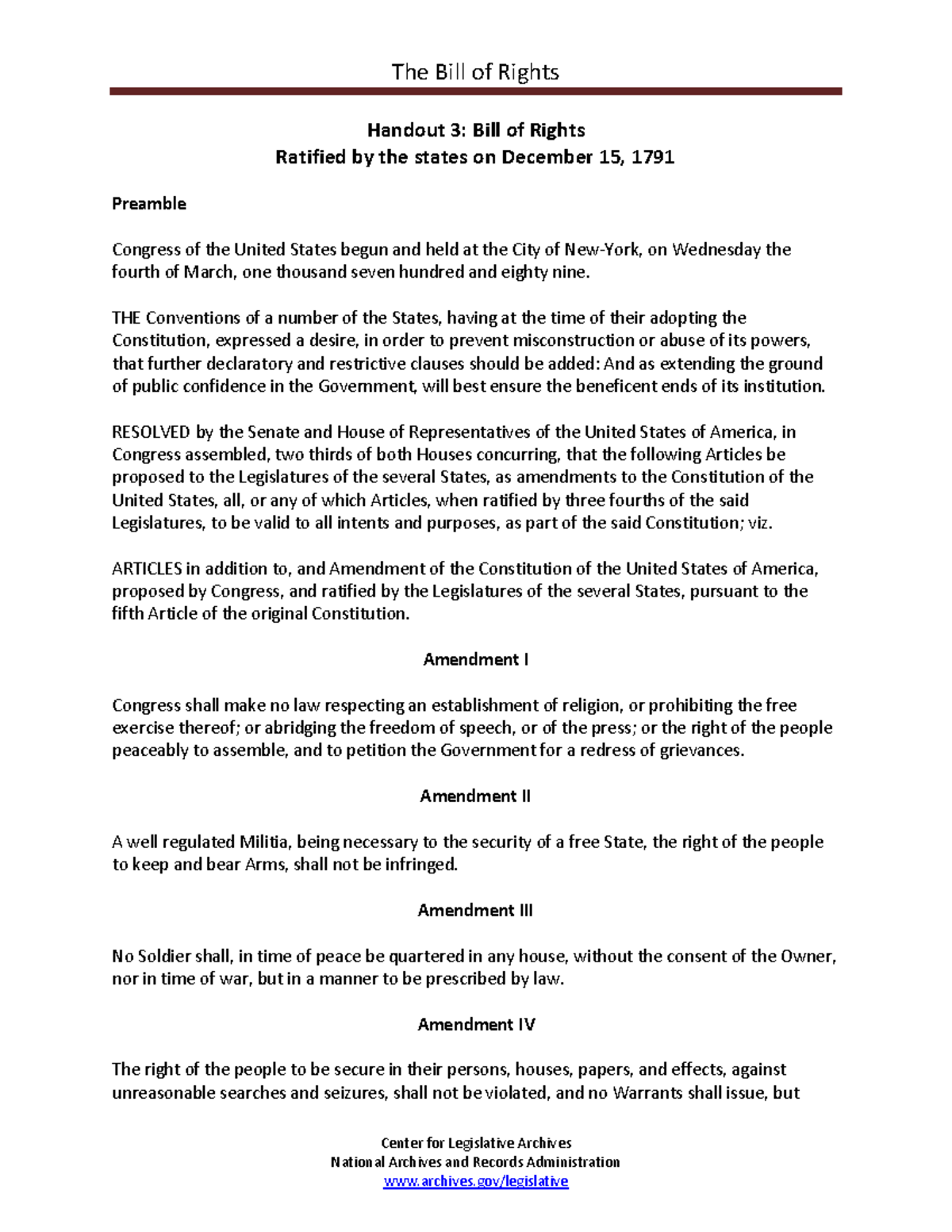 Bill Of Rights - The Bill Of Rights Handout 3: Bill Of Rights Ratified ...