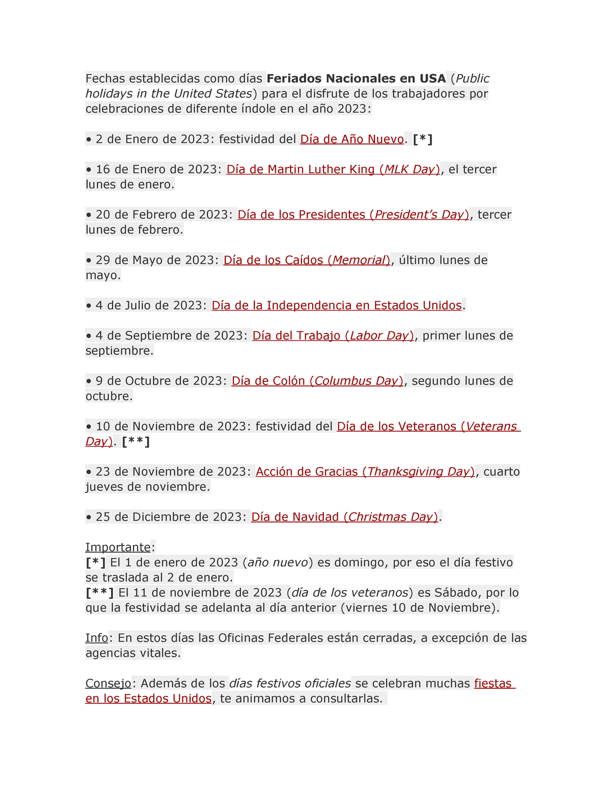 Festivos Usa Fechas Establecidas Como D As Feriados Nacionales En Usa Public Holidays In