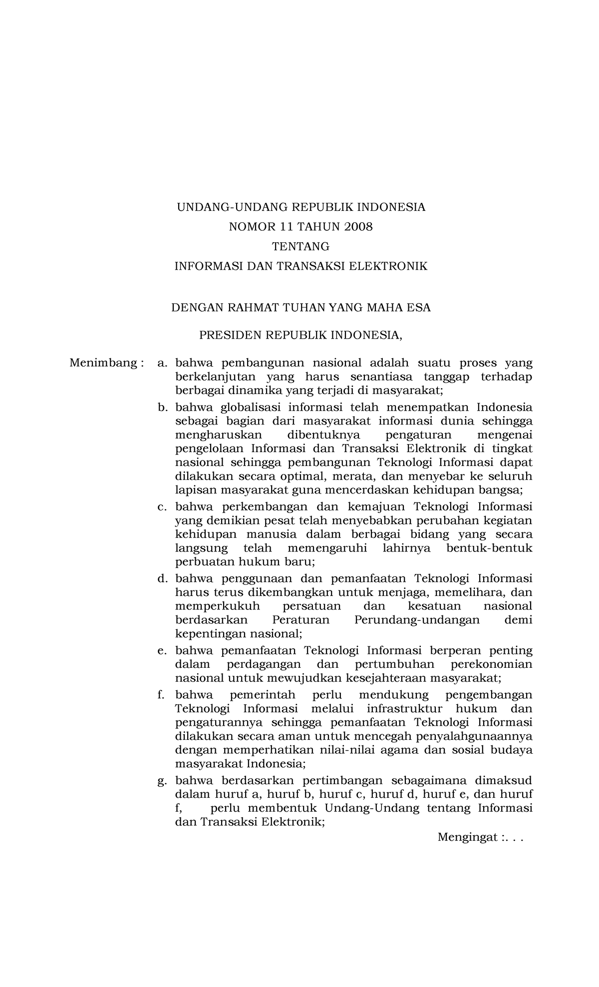 Undang Undang No 11 Tahun 2008 Tentang Informasi Dan Transaksi ...