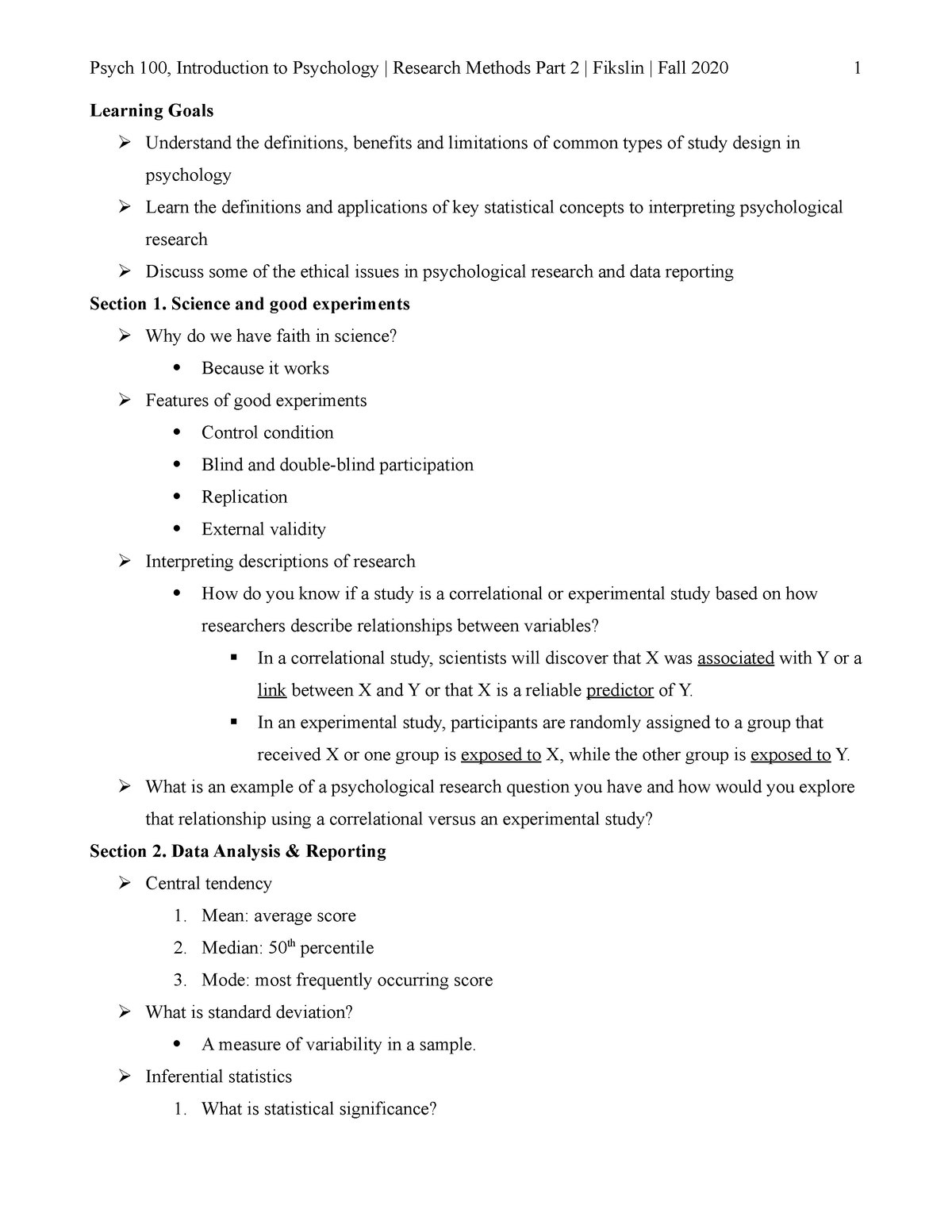 KIT #2 2020 - lecture notes - Psych 100, Introduction to Psychology ...