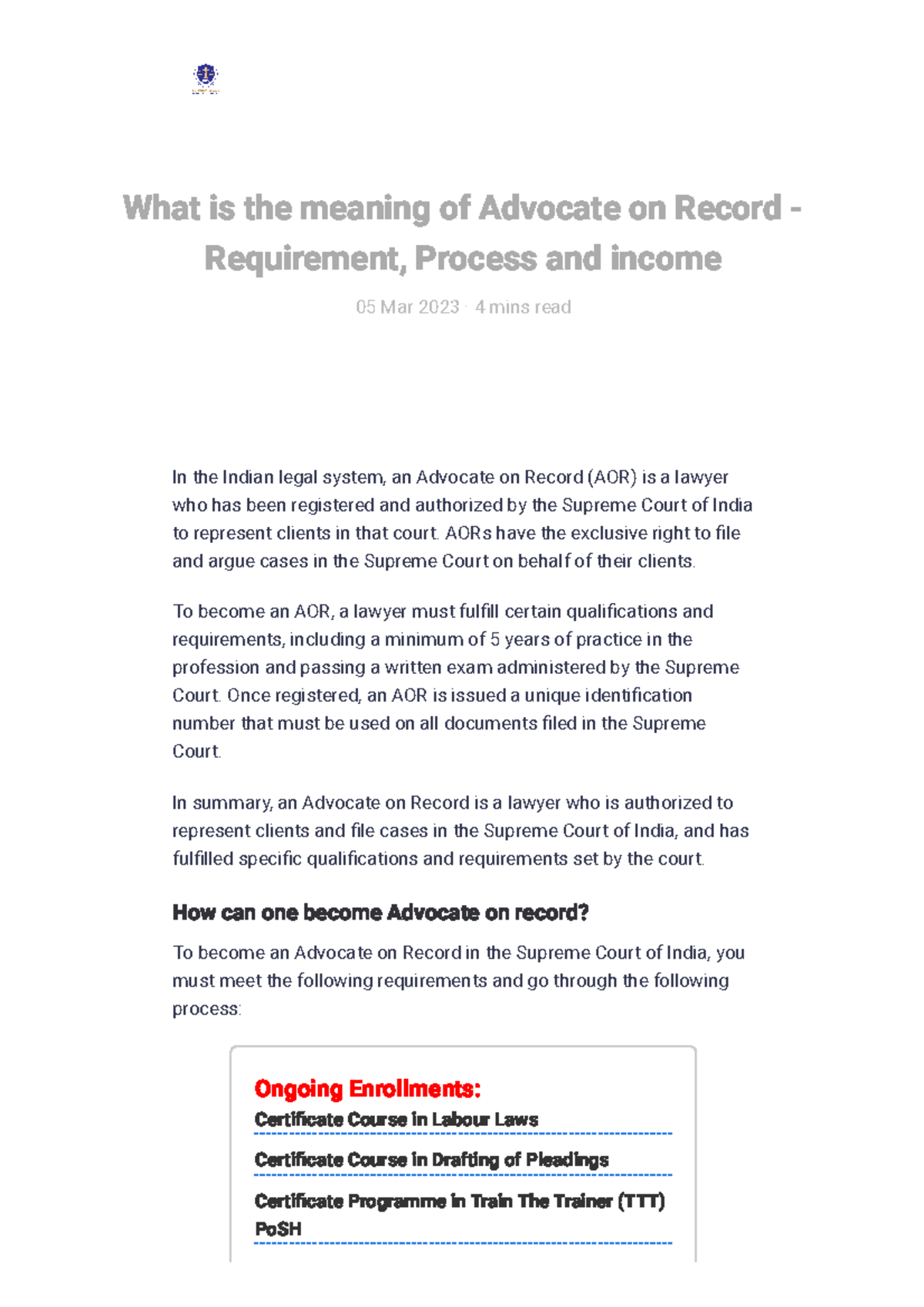 What is the meaning of Advocate on Record Requirement, Process and