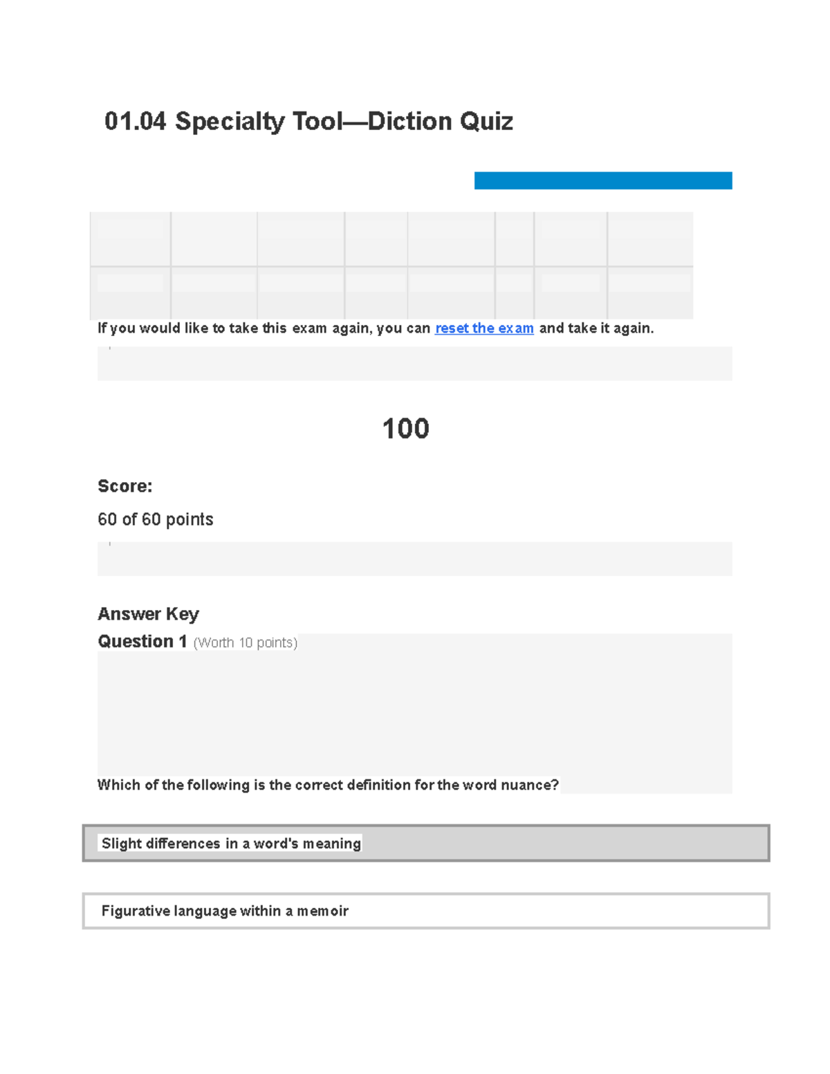 01.04 Specialty Tool—Diction Quiz 01 Specialty Tool—Diction Quiz Exam