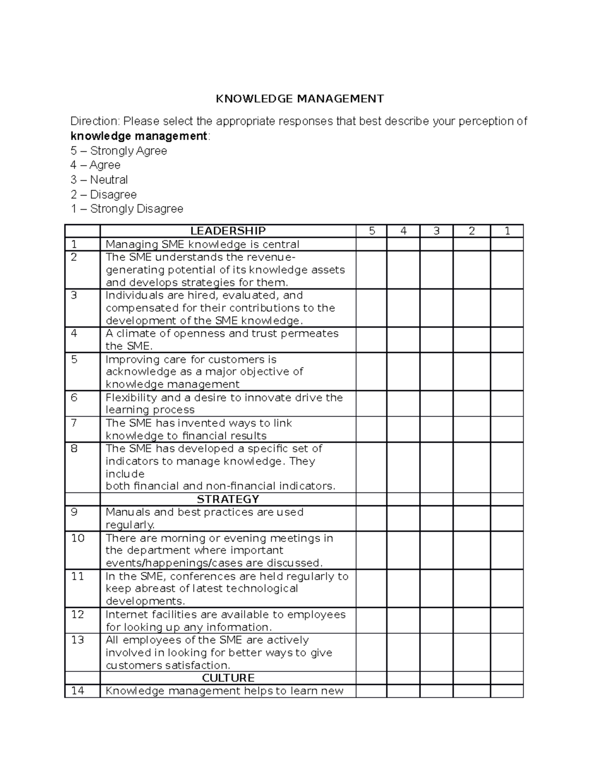 Survey Questionnaire - KNOWLEDGE MANAGEMENT Direction: Please select ...