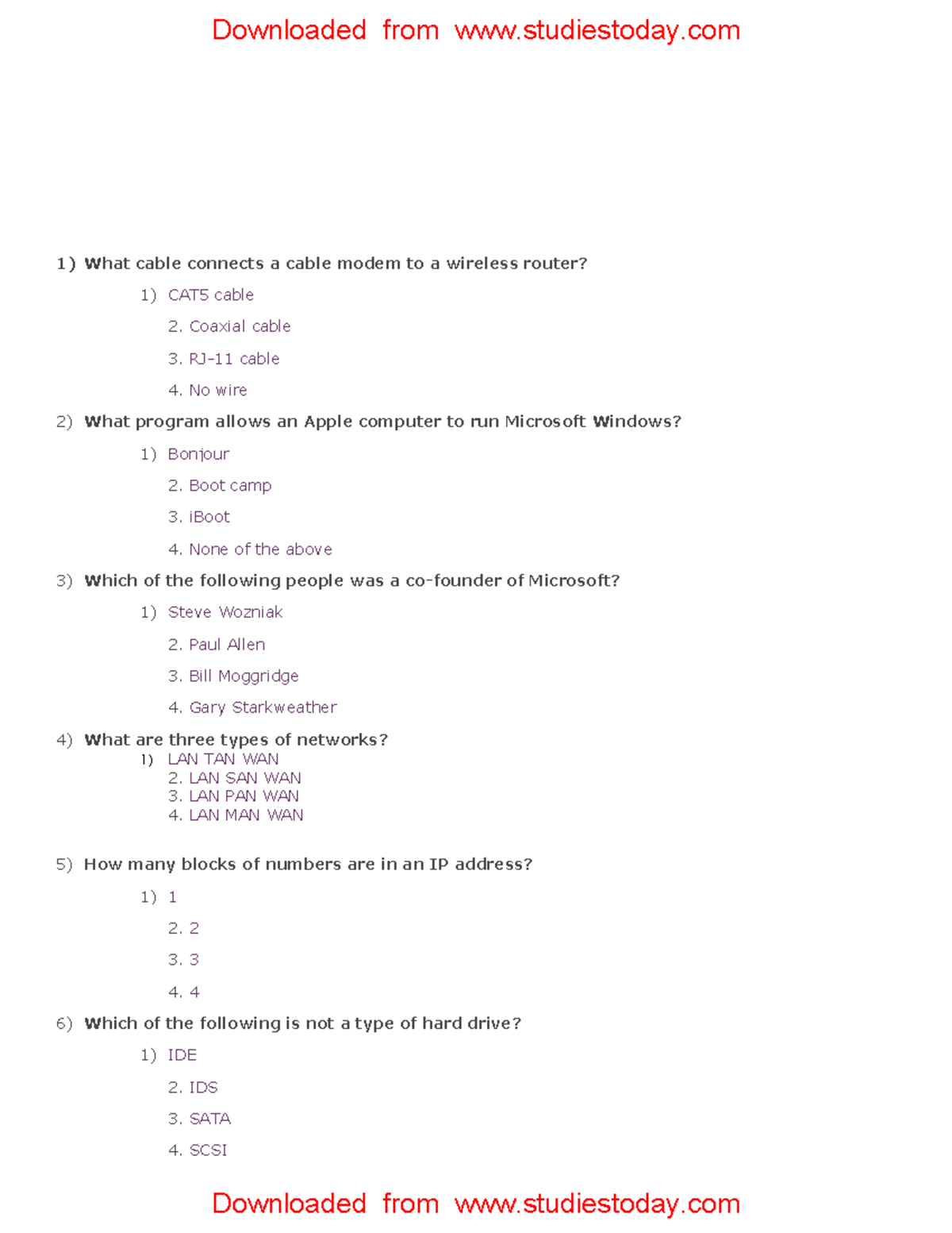 CBSE Class 10 Computer Science Worksheet Set D - 1) What Cable Connects ...