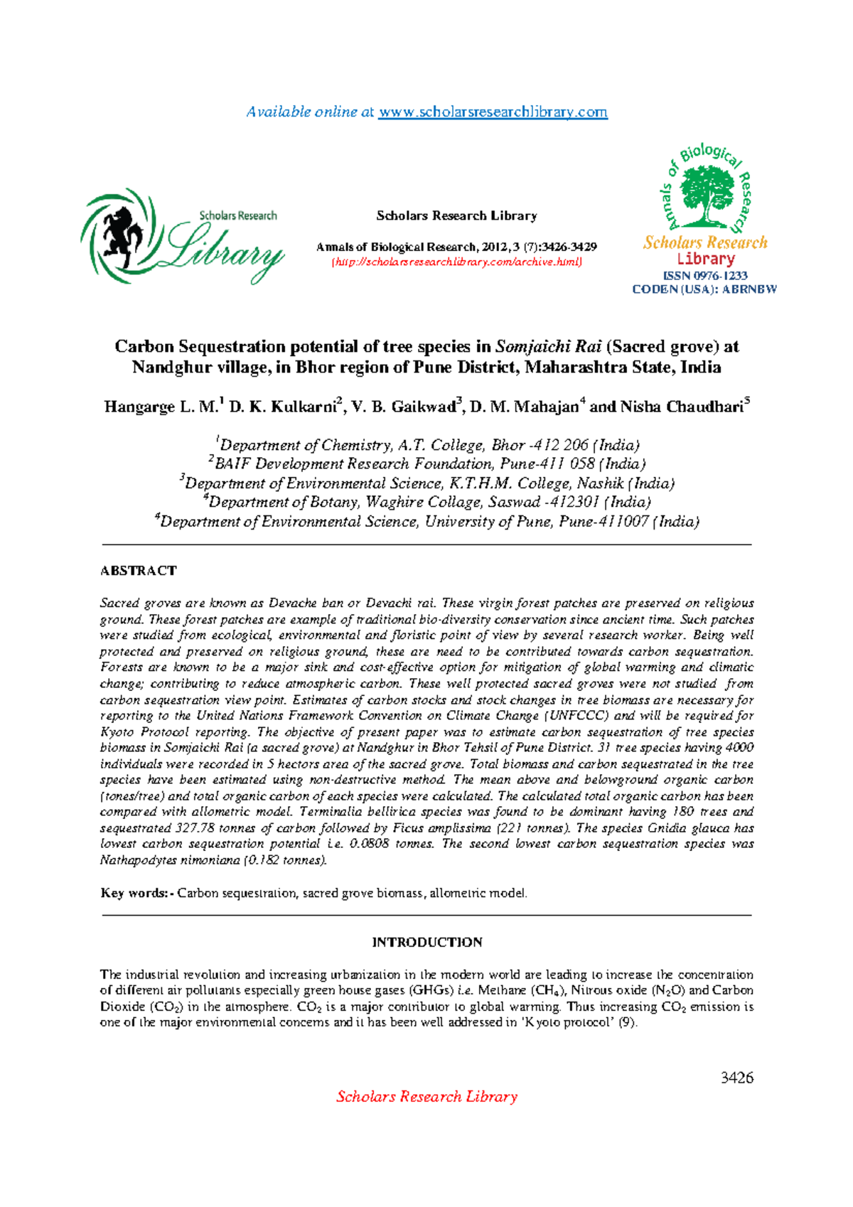 Carbon Sequestration potential of tree s - Available online ...