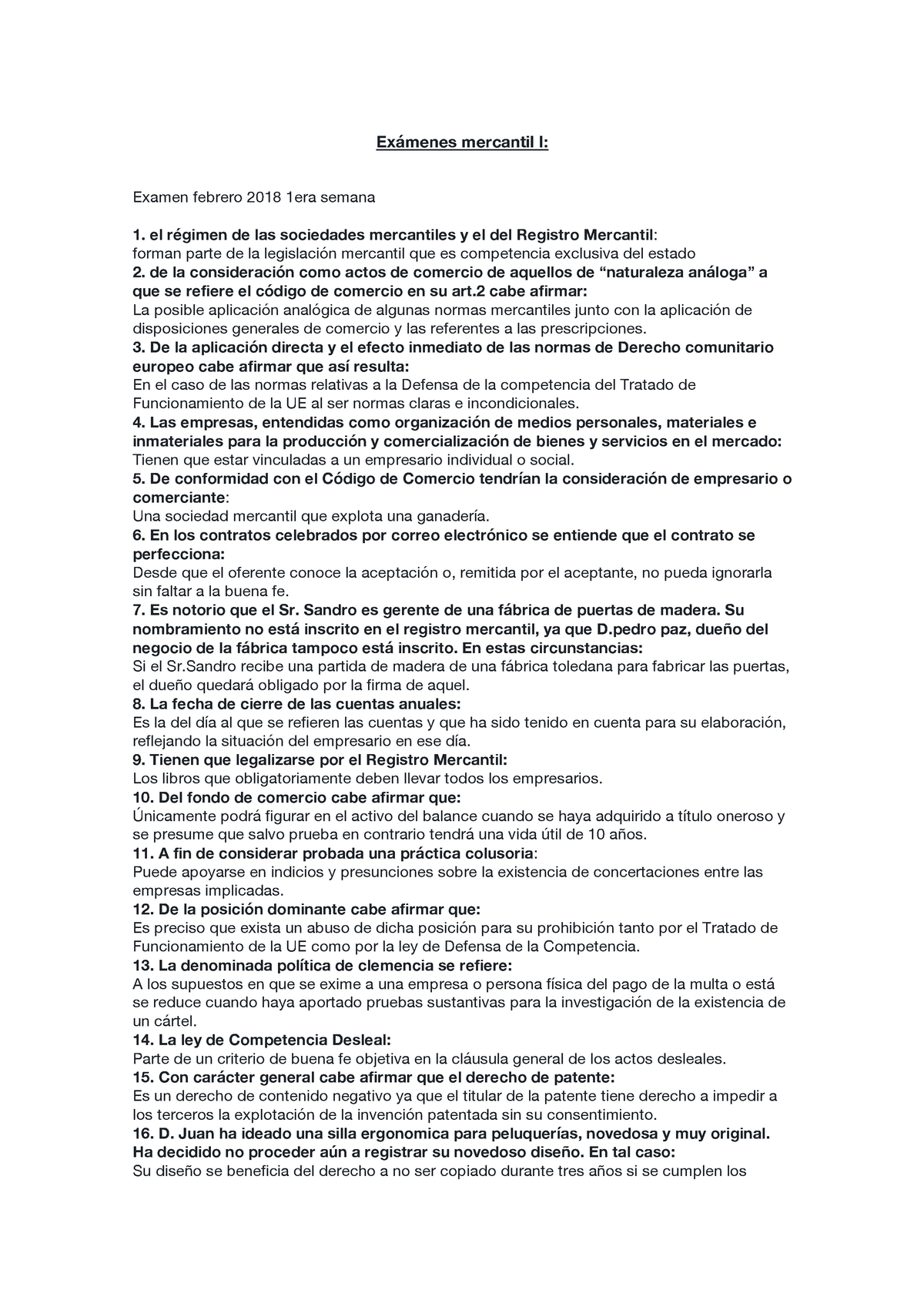 Preguntas y respuestas tipo test Exámenes mercantil I Examen febrero