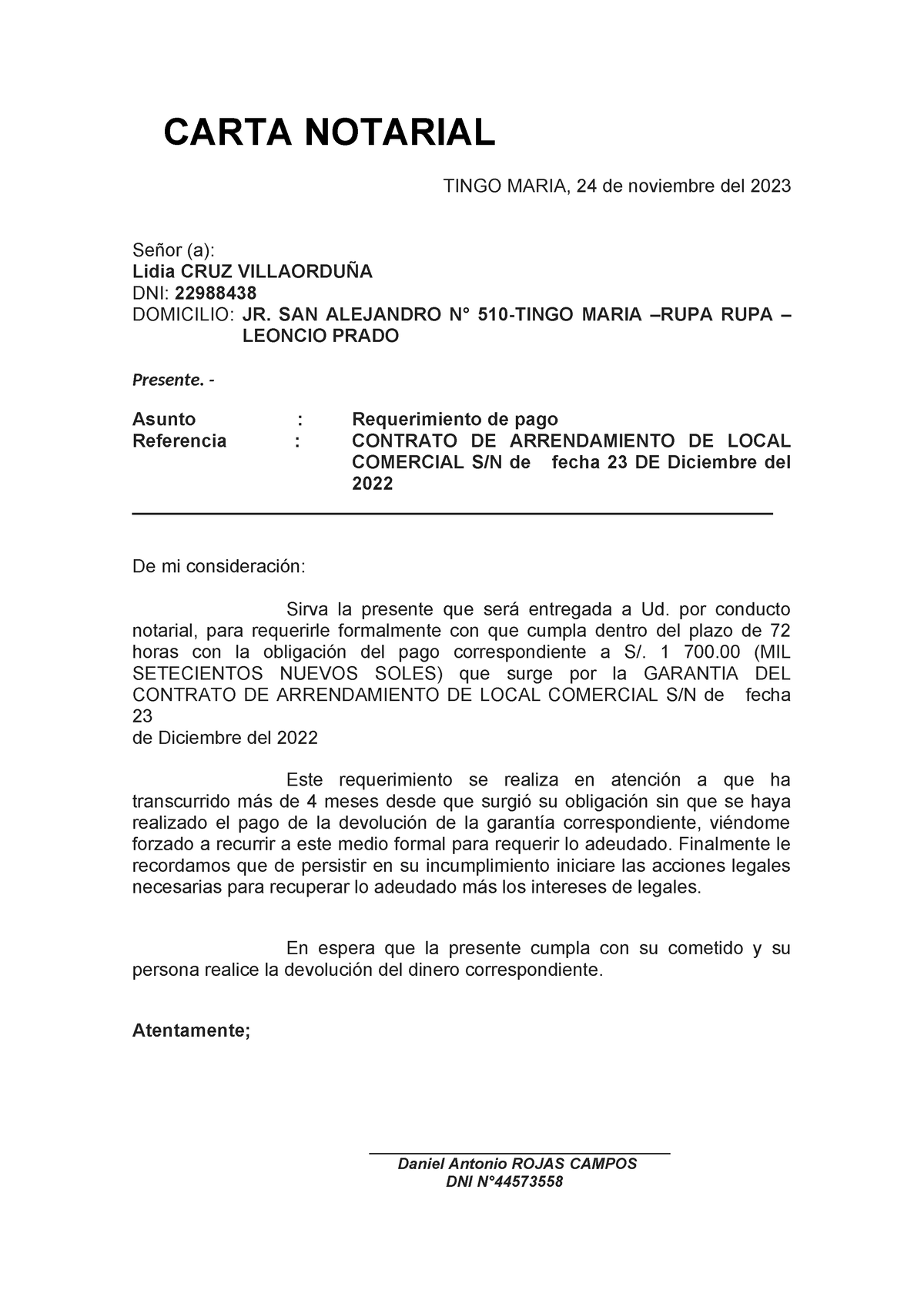 Modelo De Carta Notarial Carta Notarial Tingo Maria 24 De Noviembre Del 2023 Señor A Lidia 9713