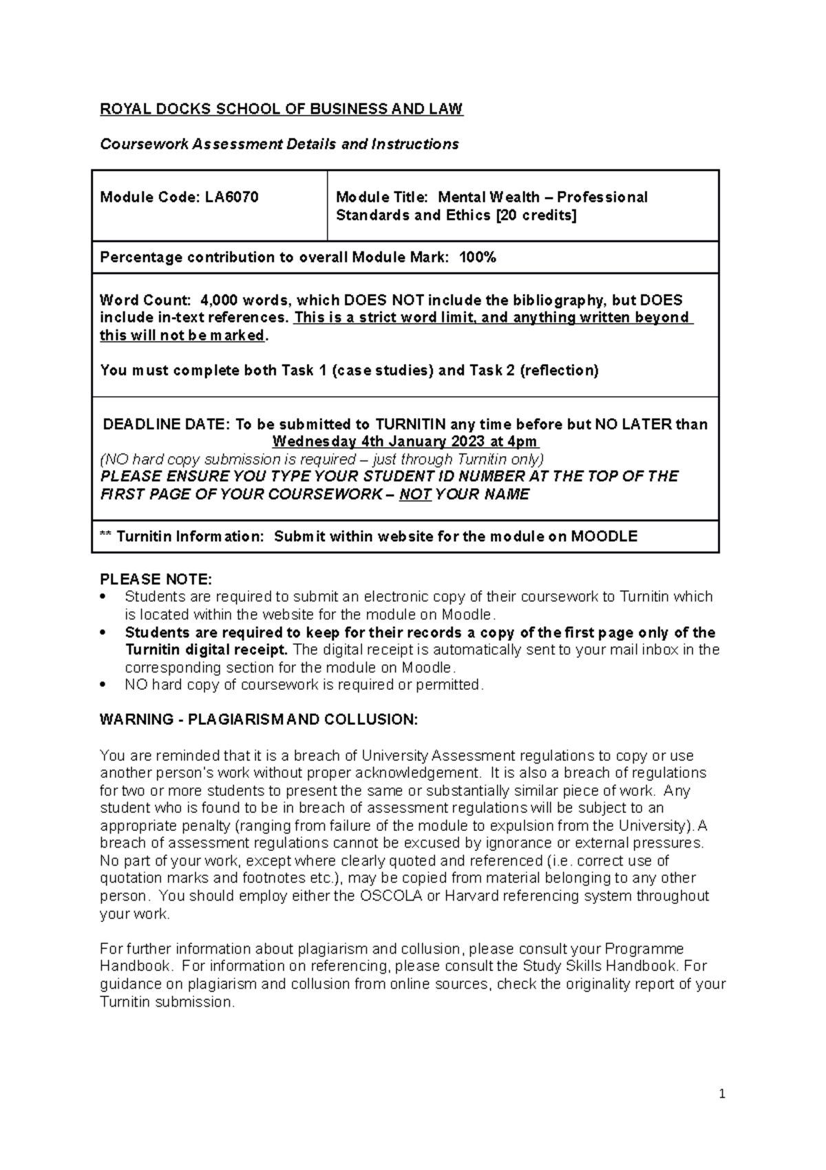 LA6070 Approved Final Assessment 202223 ROYAL DOCKS SCHOOL OF
