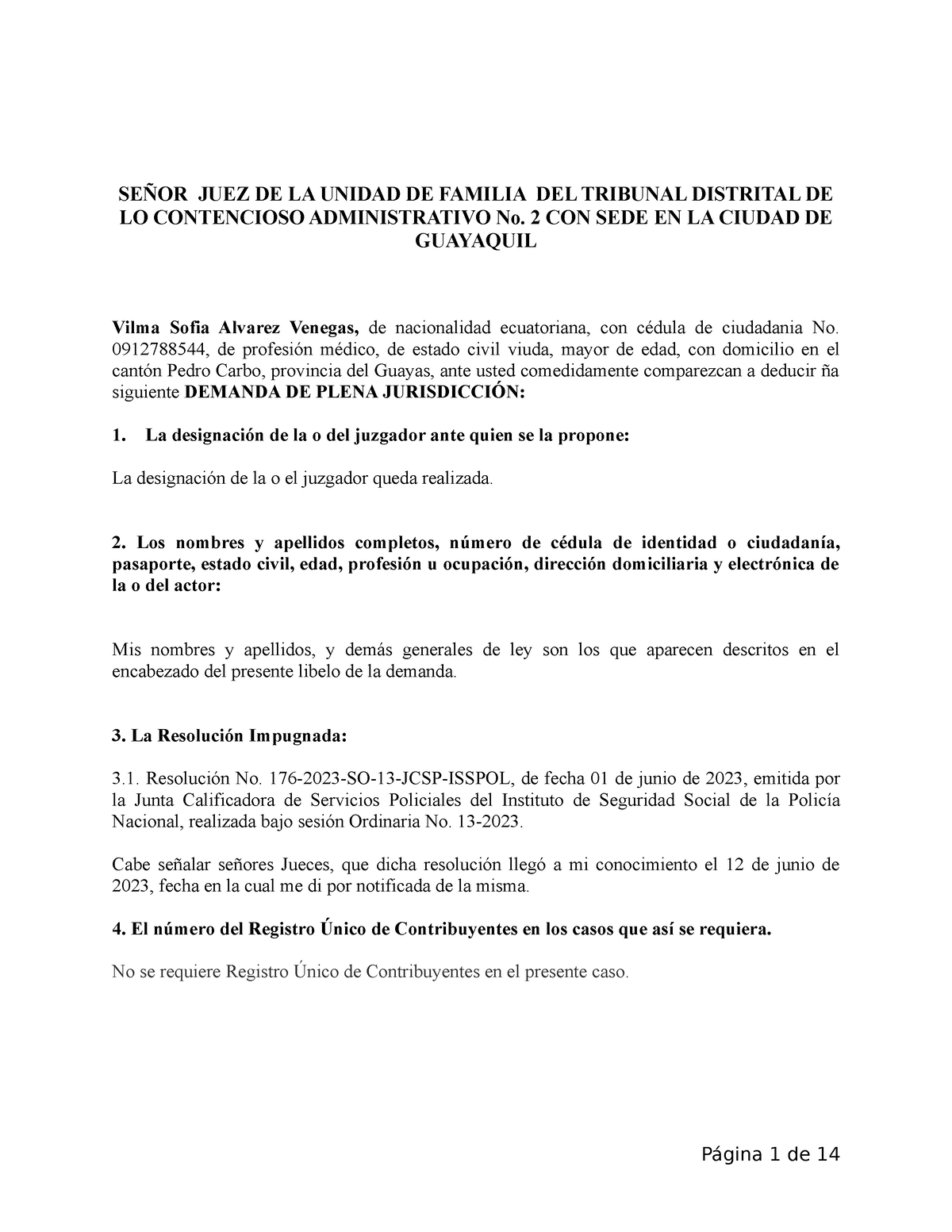 Demanda Cogep SeÑor Juez De La Unidad De Familia Del Tribunal Distrital De Lo Contencioso 8093