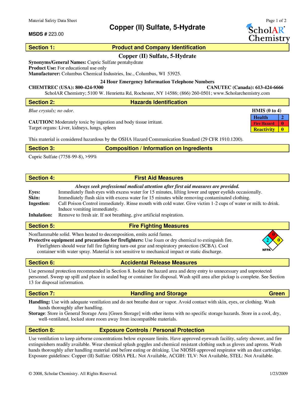 MSDS Sheets Copper II Sulfate 5 Hydrate 223 00 Material Safety Data   Thumb 1200 1553 