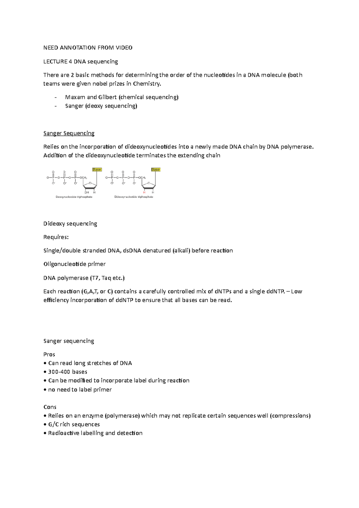 Lecture 4 and 5 DNA sequencing - NEED ANNOTATION FROM VIDEO LECTURE 4 ...