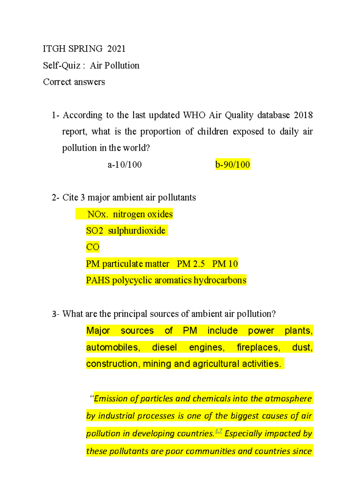 Self Quiz Air Pollution 2021 Correct Answers ITGH SPRING 2021 SelfQuiz Air Pollution