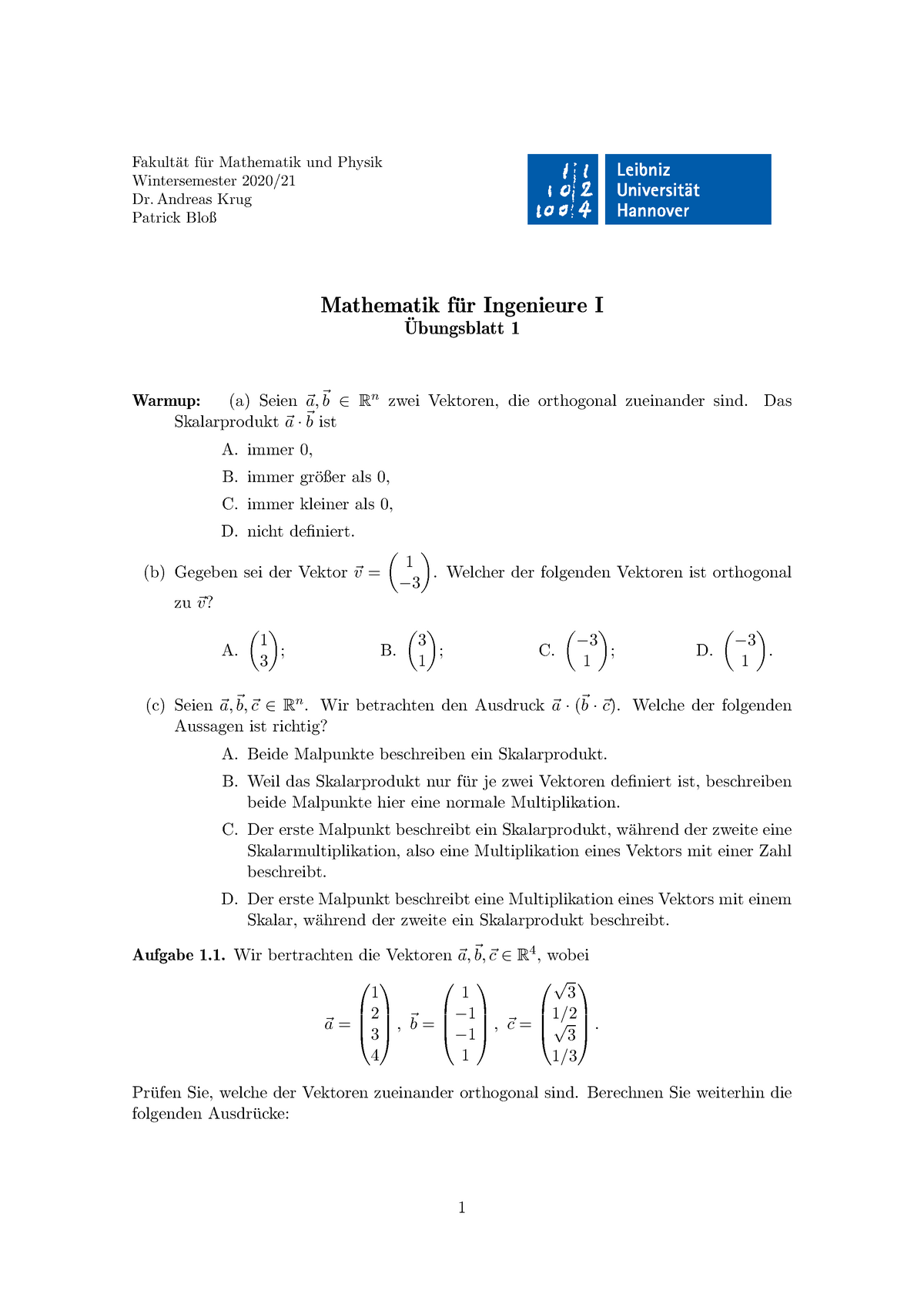 Mathematik L Klausur Wi Se 20 21 GU Blatt 1 - Uni Hannover - Studocu