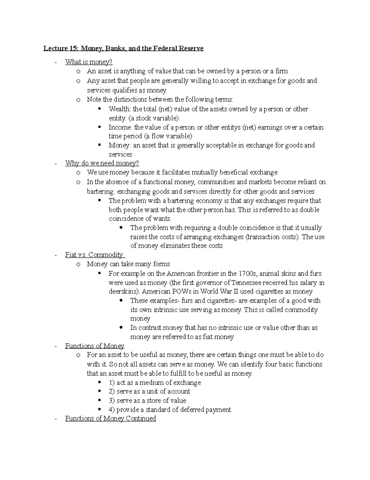 Lecture 15- Money, Banks, And The Federal Reserve - (a Stock Variable ...