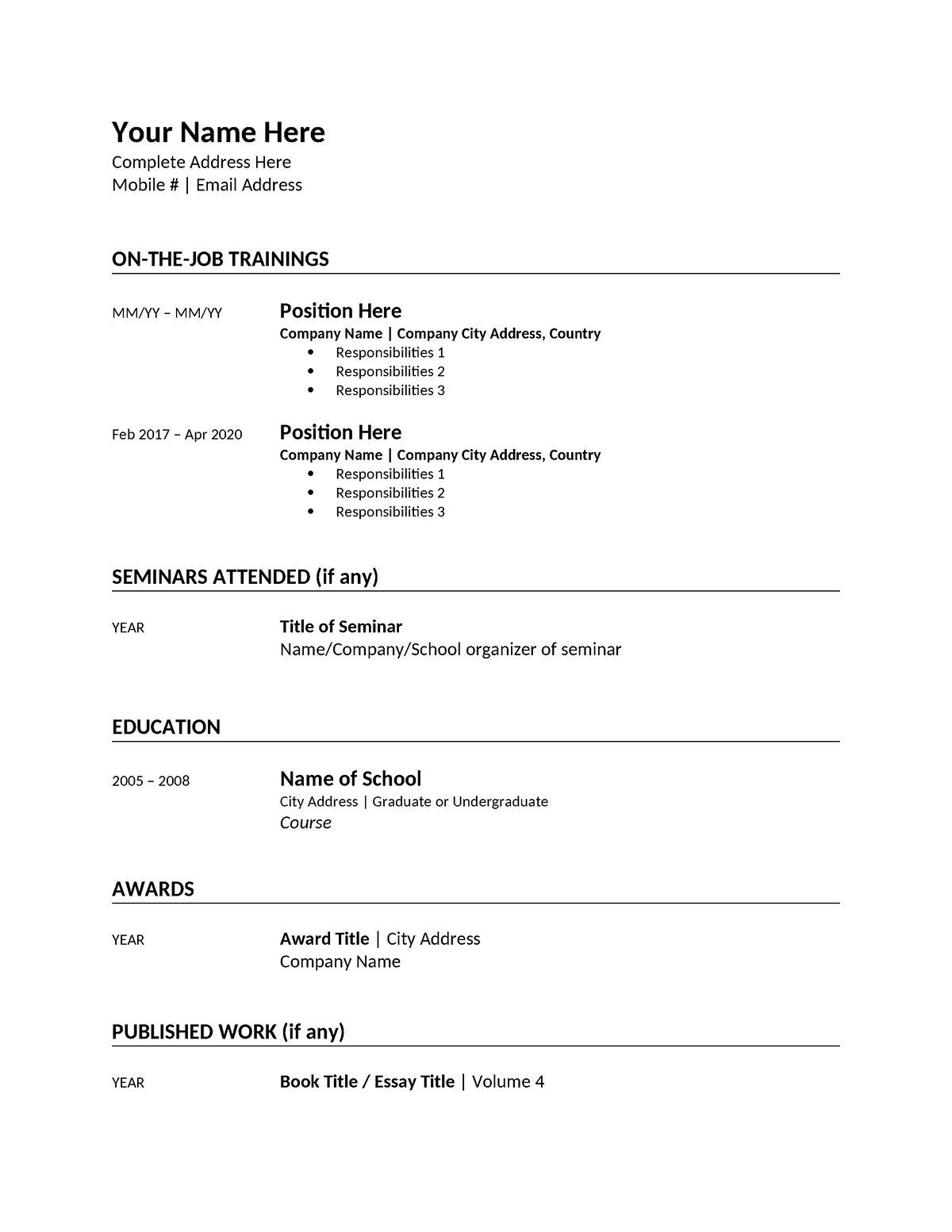 Sample Resume Fresh Grad - Your Name Here Complete Address Here Mobile ...