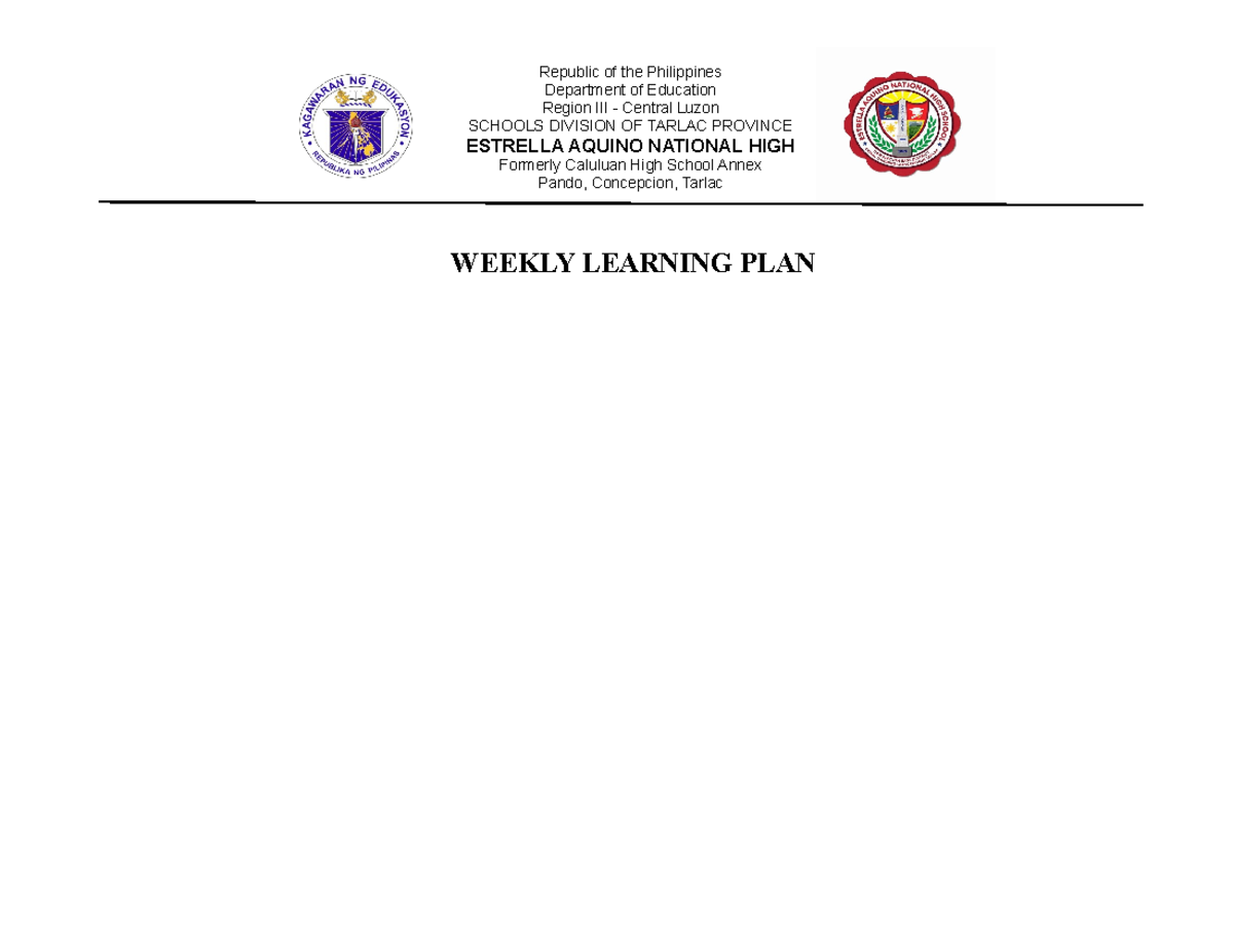 Wlp Science 9 Copy Weekly Learning Plan In Science 9 Republic Of The Philippines 6962