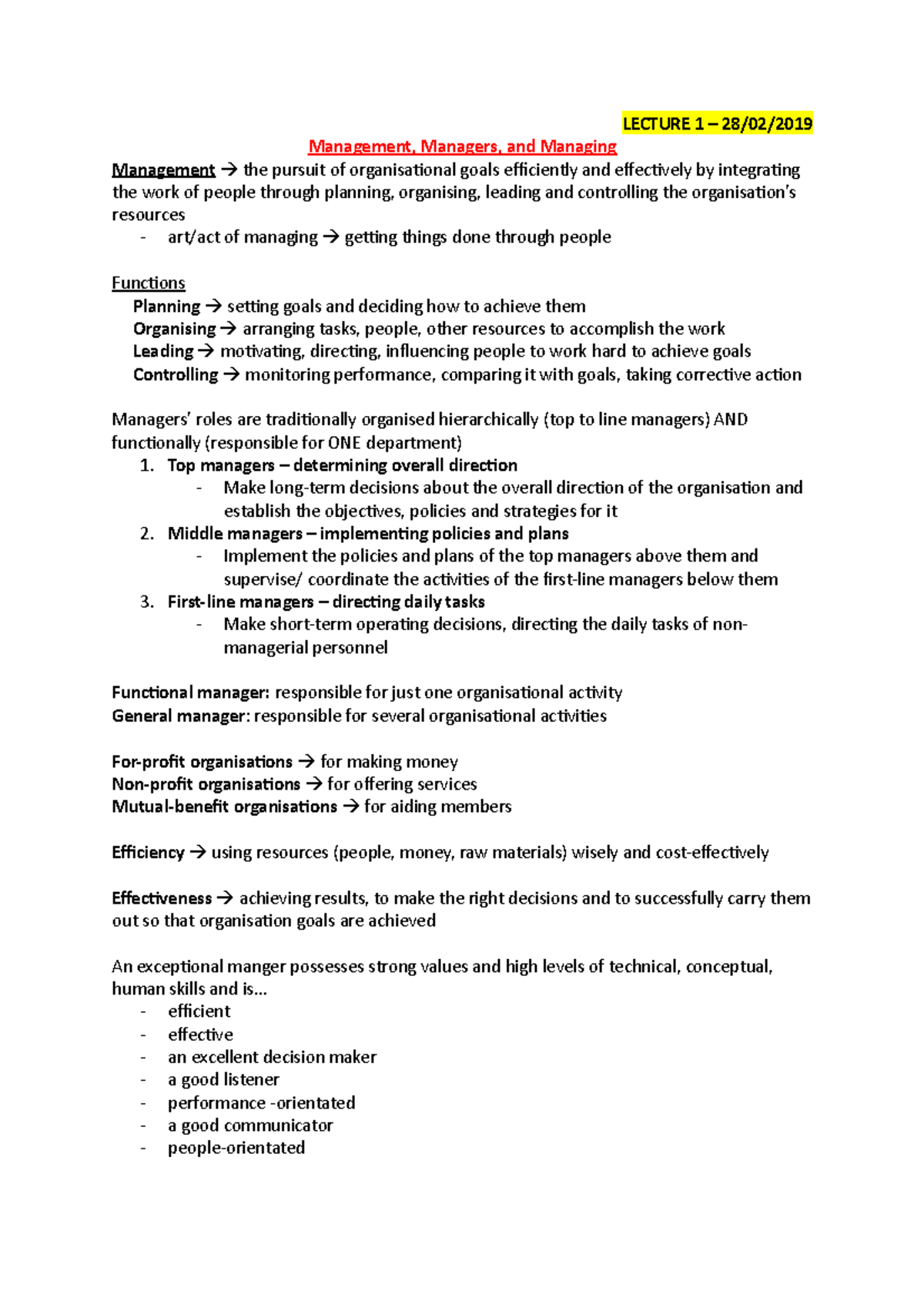 BBA102 lecture notes - LECTURE 1 – 28/02/ Management, Managers, and ...
