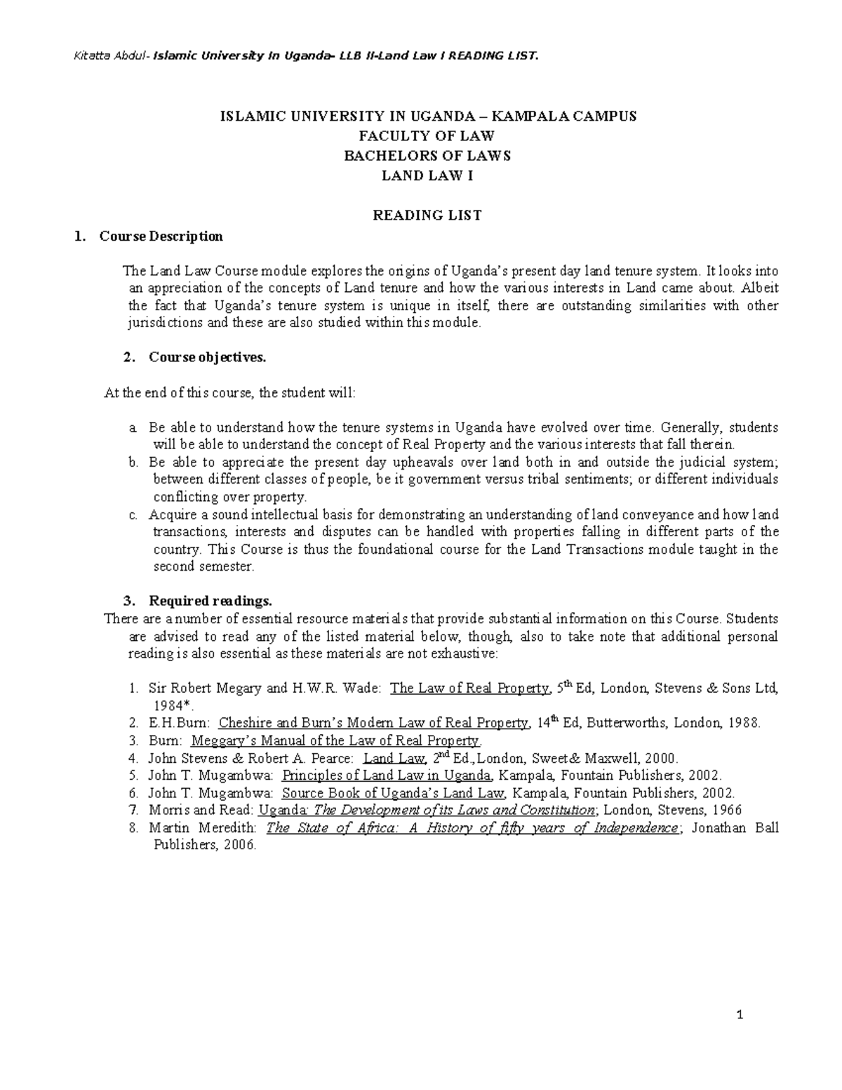 Land law reading list ISLAMIC UNIVERSITY IN UGANDA KAMPALA CAMPUS FACULTY OF LAW BACHELORS