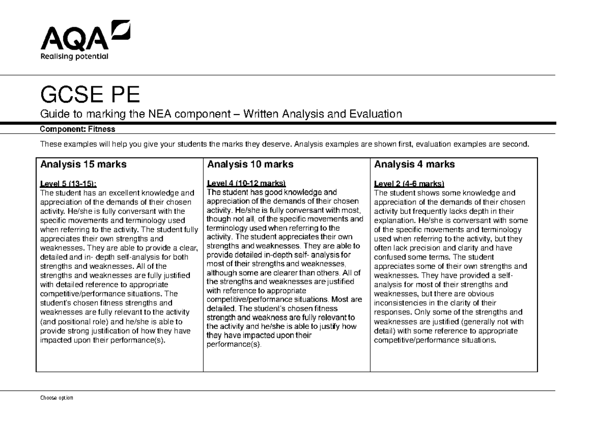 AQA talk through - Coursework - Choose option GCSE PE Guide to marking ...