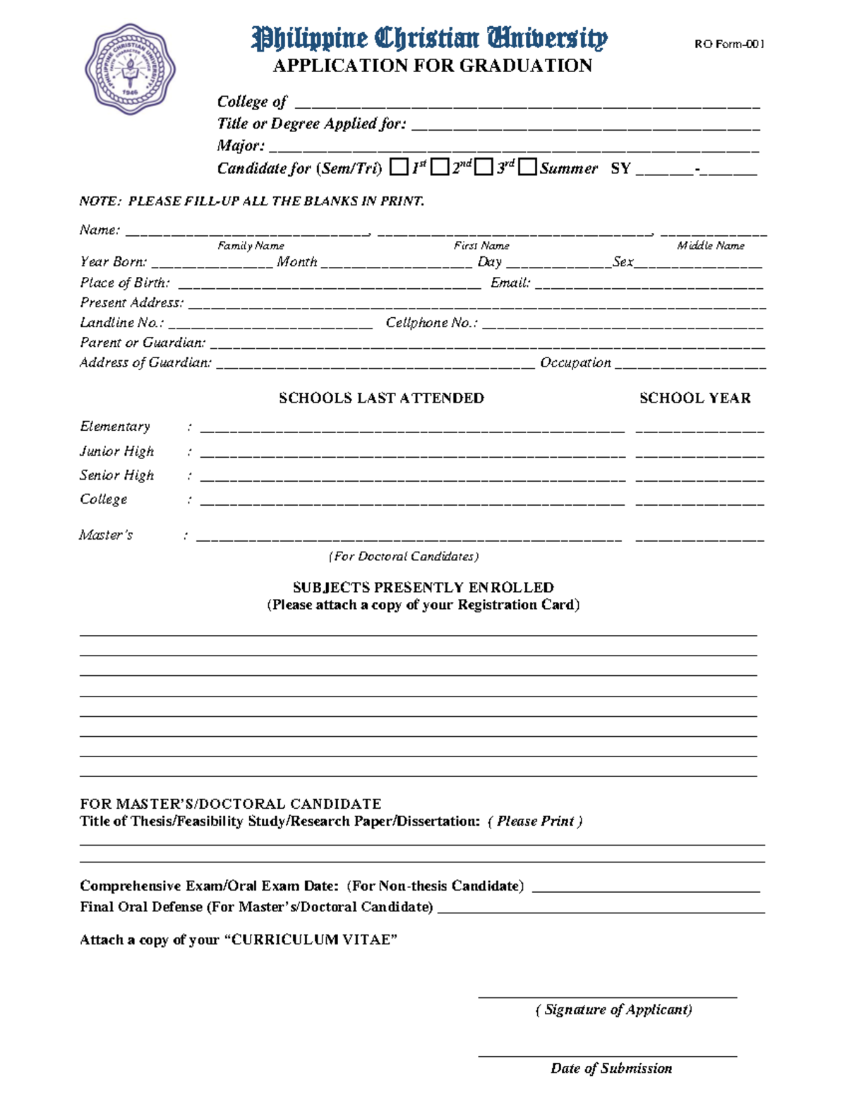 Application-for-Graduation - Philippine Christian University RO Form ...