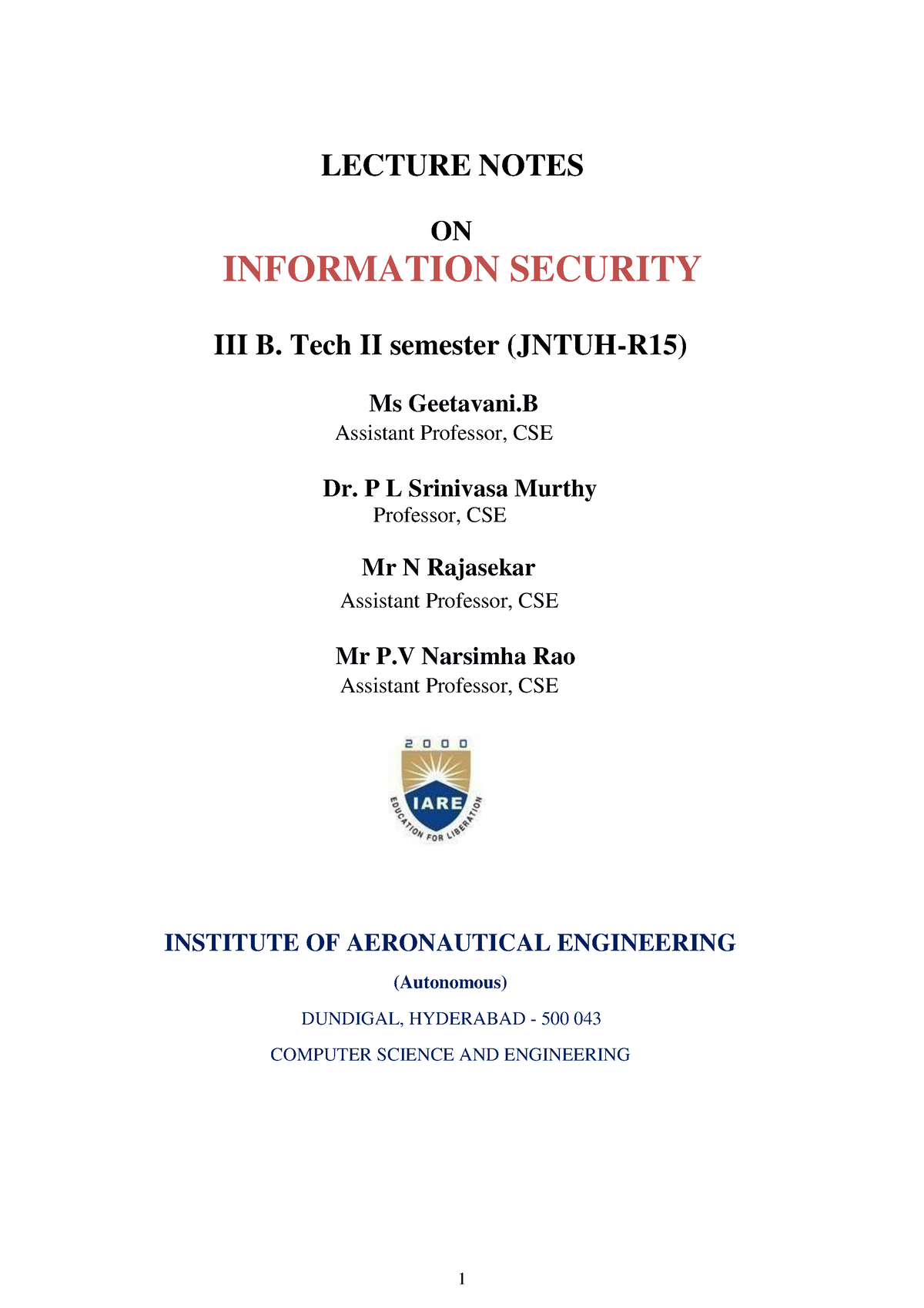 IARE IS Lecture Notes 0 - LECTURE NOTES ON INFORMATION SECURITY III B ...