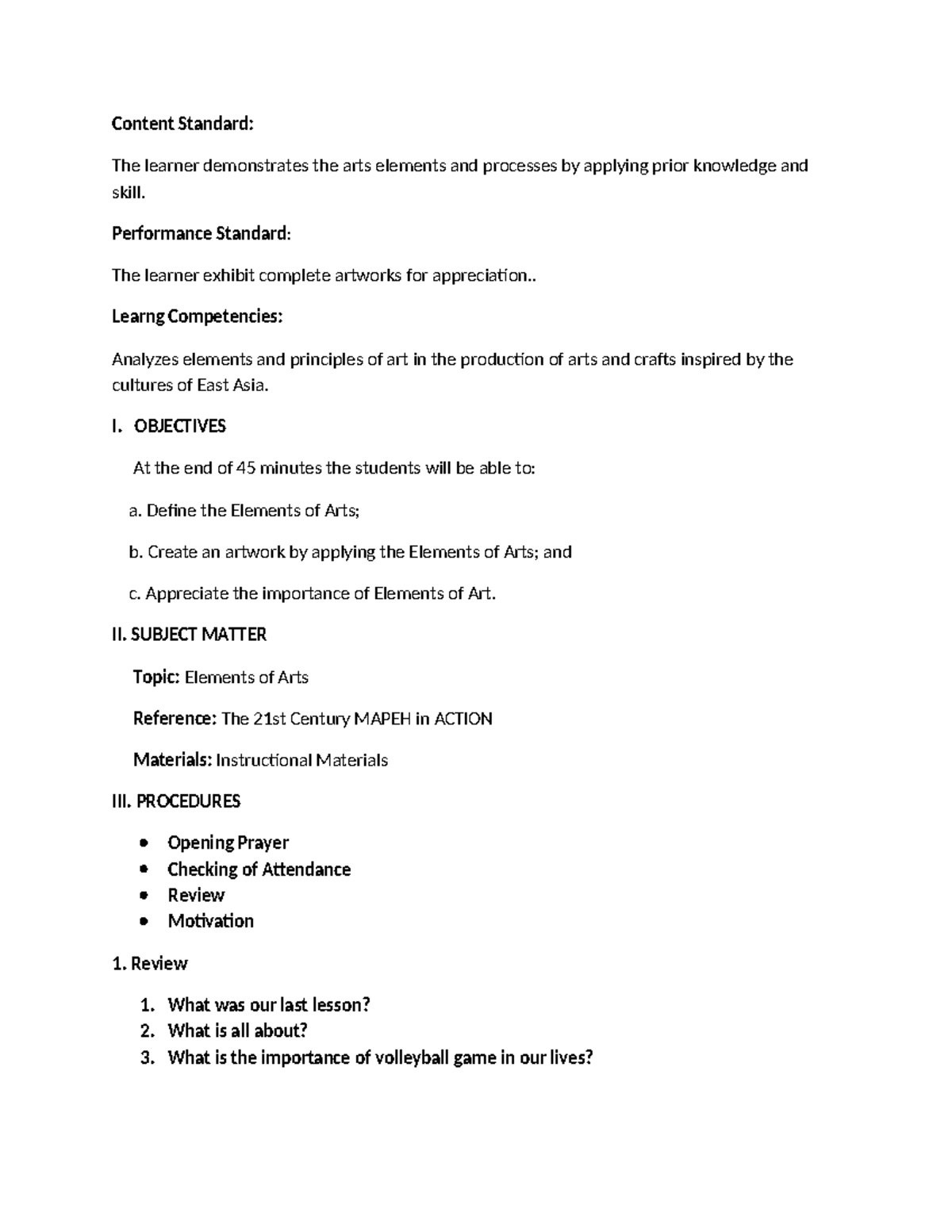 Content Standar-WPS Office Elements of arts - Content Standard: The ...