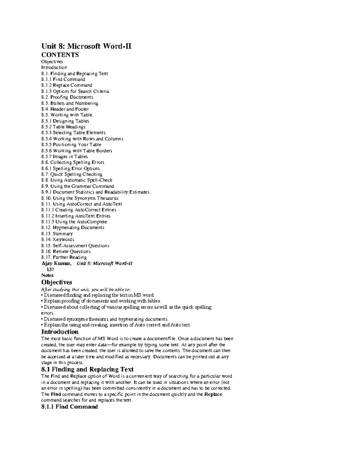 Unit 8 CFOA easy - Unit 8: Microsoft Word-II CONTENTS Objectives ...